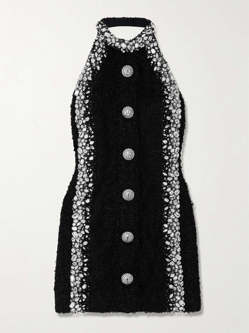 Crystal-embellished bouclé halterneck mini dress Black 1