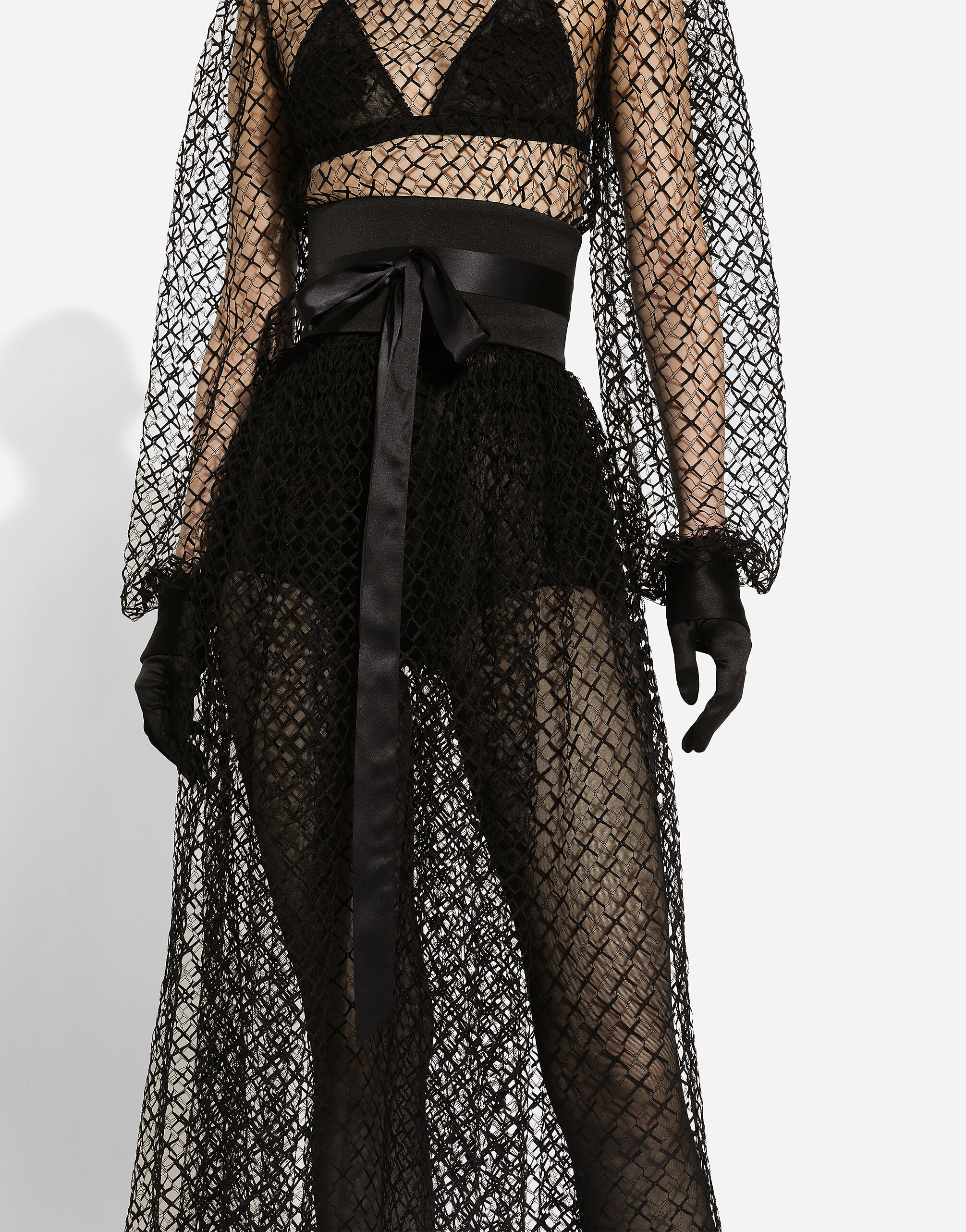 Calf-length mesh dress with wool crepe belt - 5