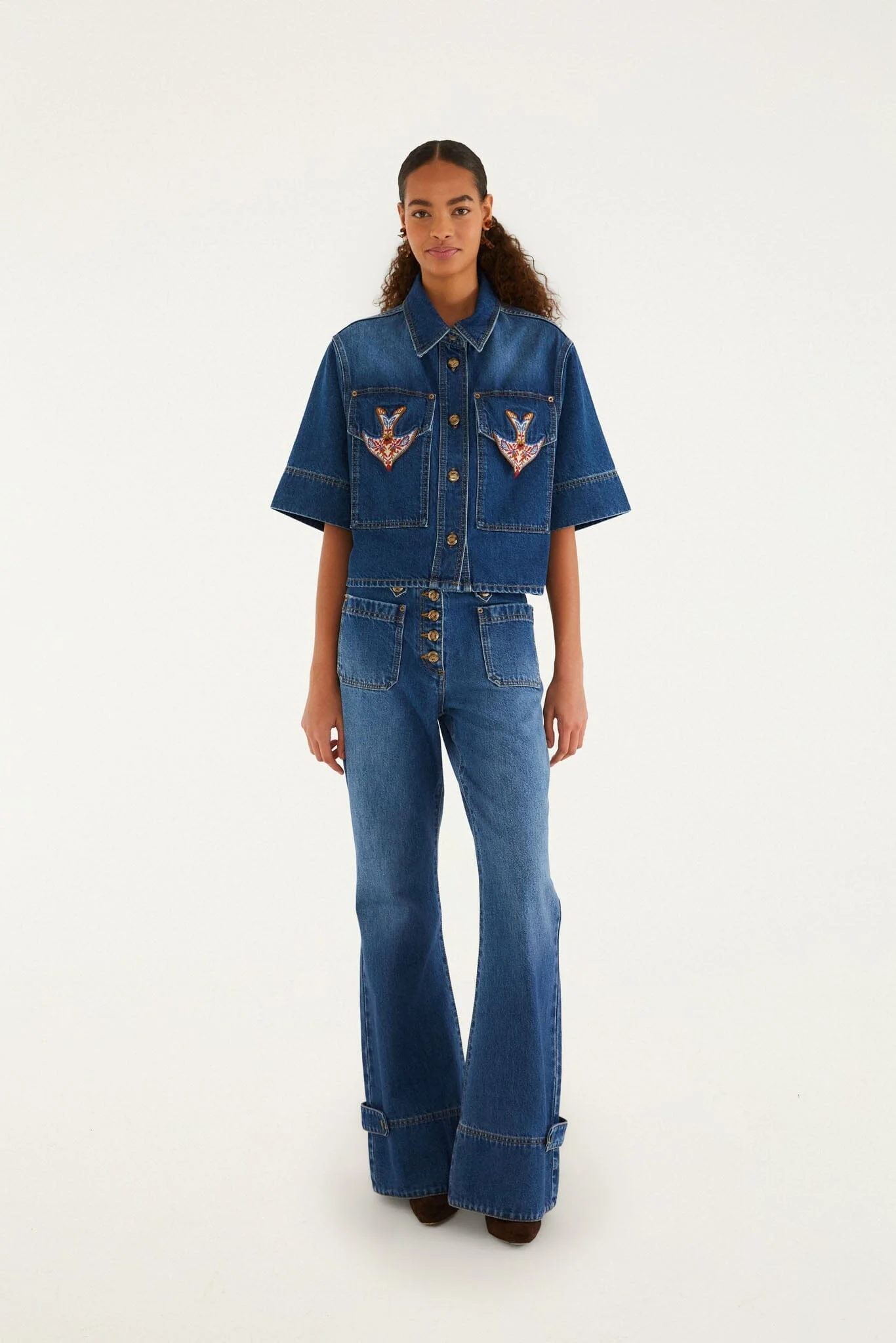 Denim Porcelain Birds Pockets Flare Pants - 1
