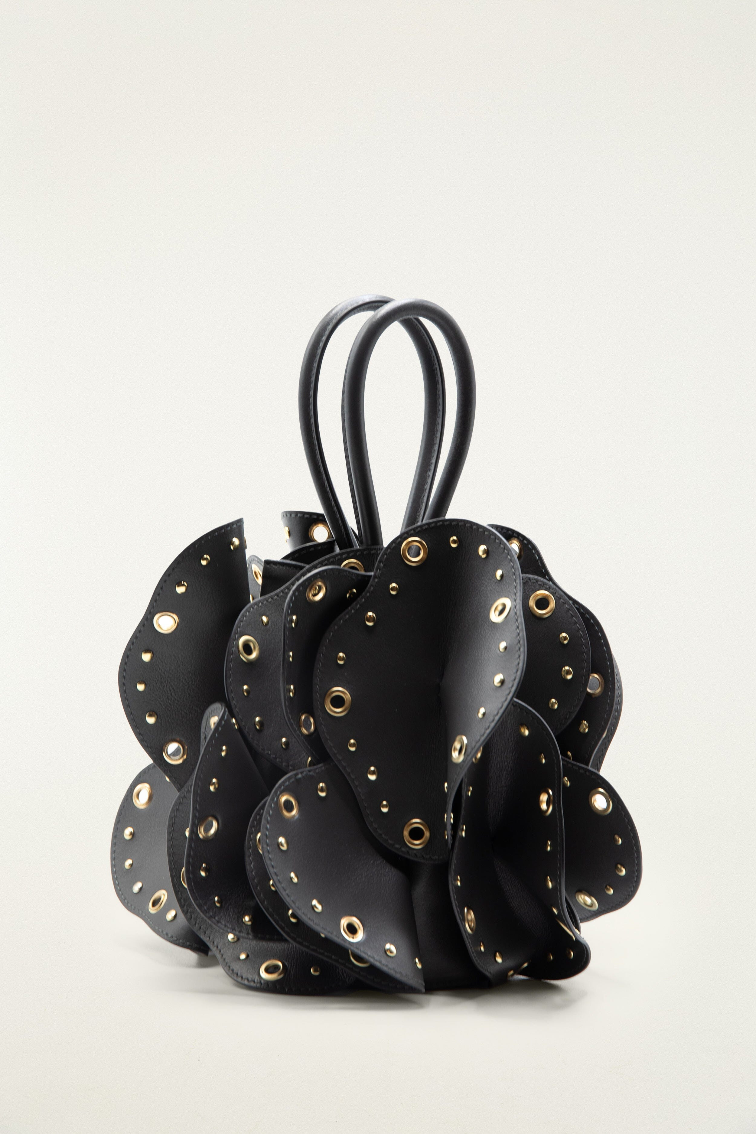 Black Leather Studded Flower Bag - 4