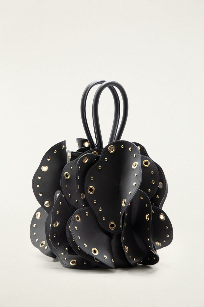 Black Leather Studded Flower Bag 4