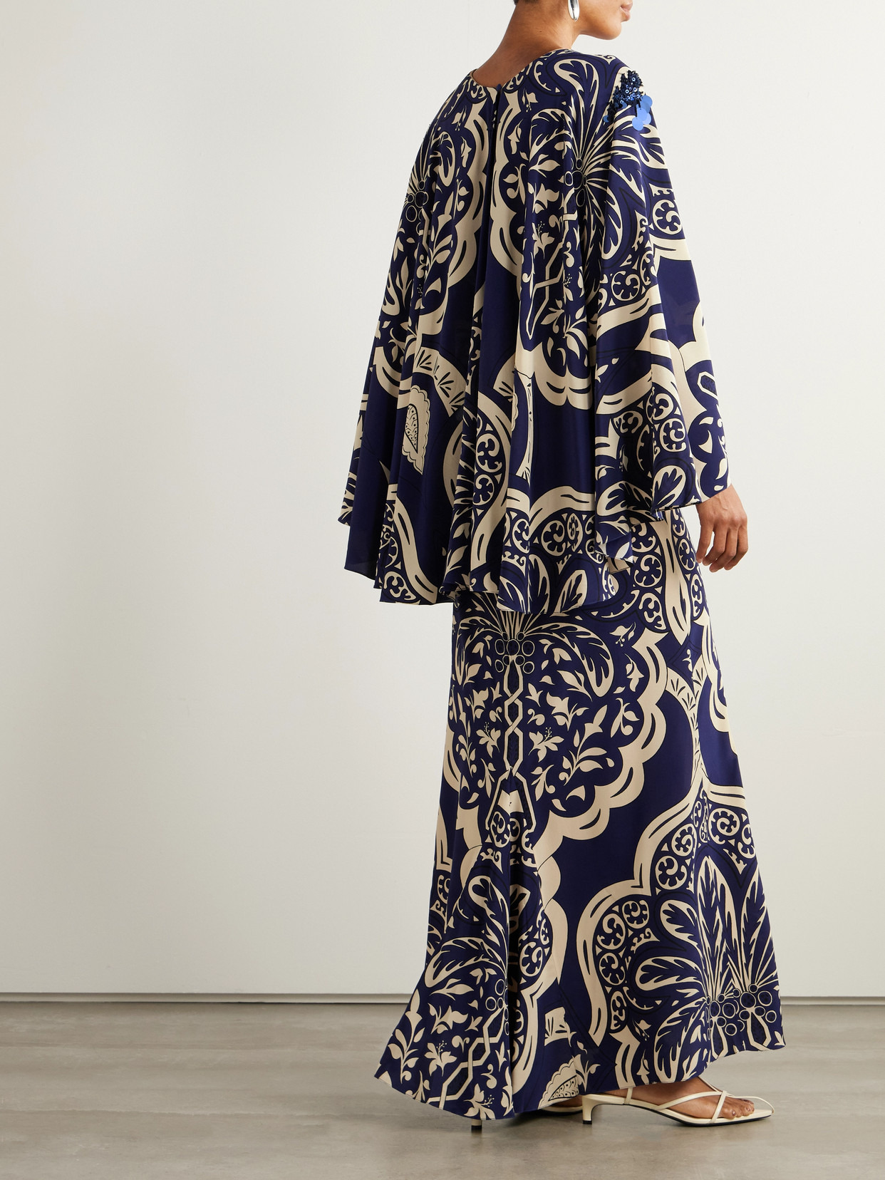 Cape-effect Embellished Printed Silk-crepe Maxi Dress - 3