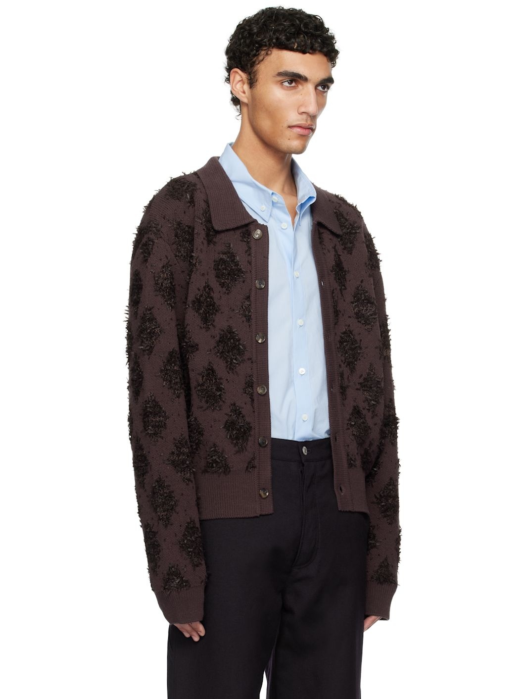 Brown Fringe Jacquard Knit Cardigan - 2
