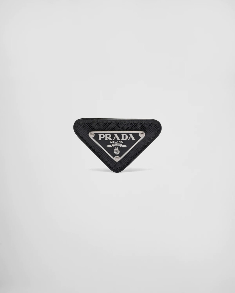 Enameled triangle pin with Saffiano trim 1