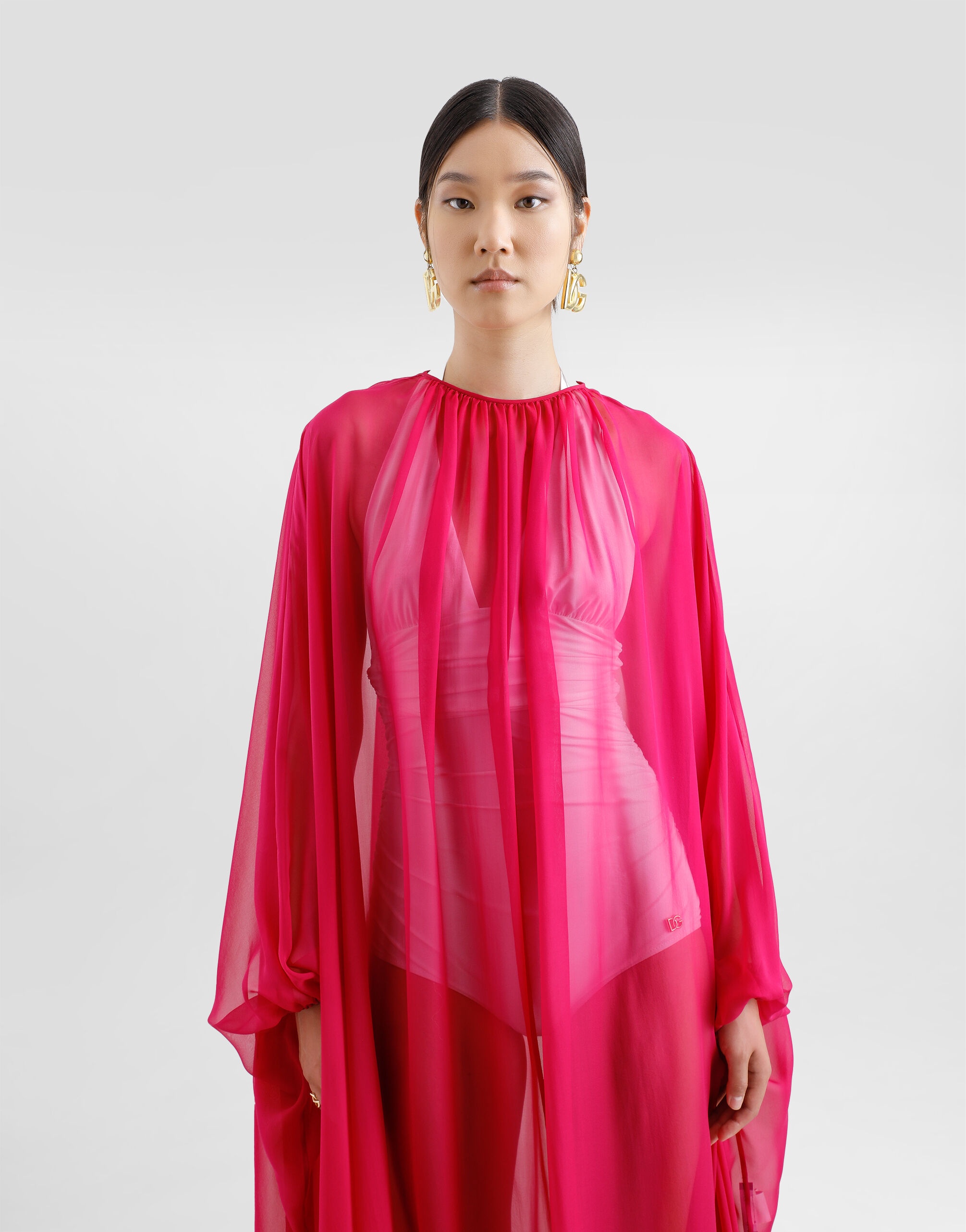 Long silk chiffon caftan with drawstring - 5