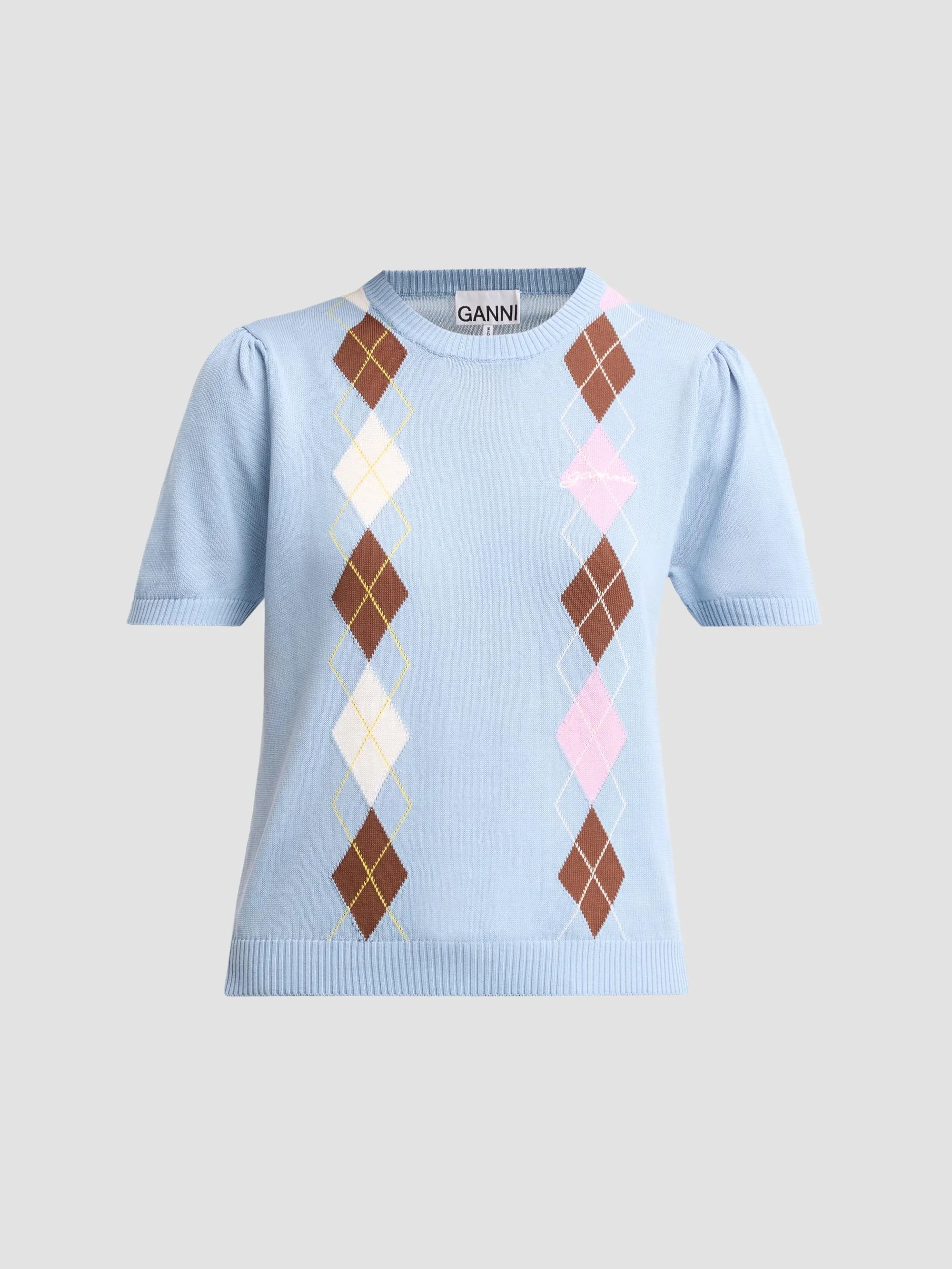 Women's Argyle Cotton Knit Crewneck T-Shirt - Soft Chambray - 1