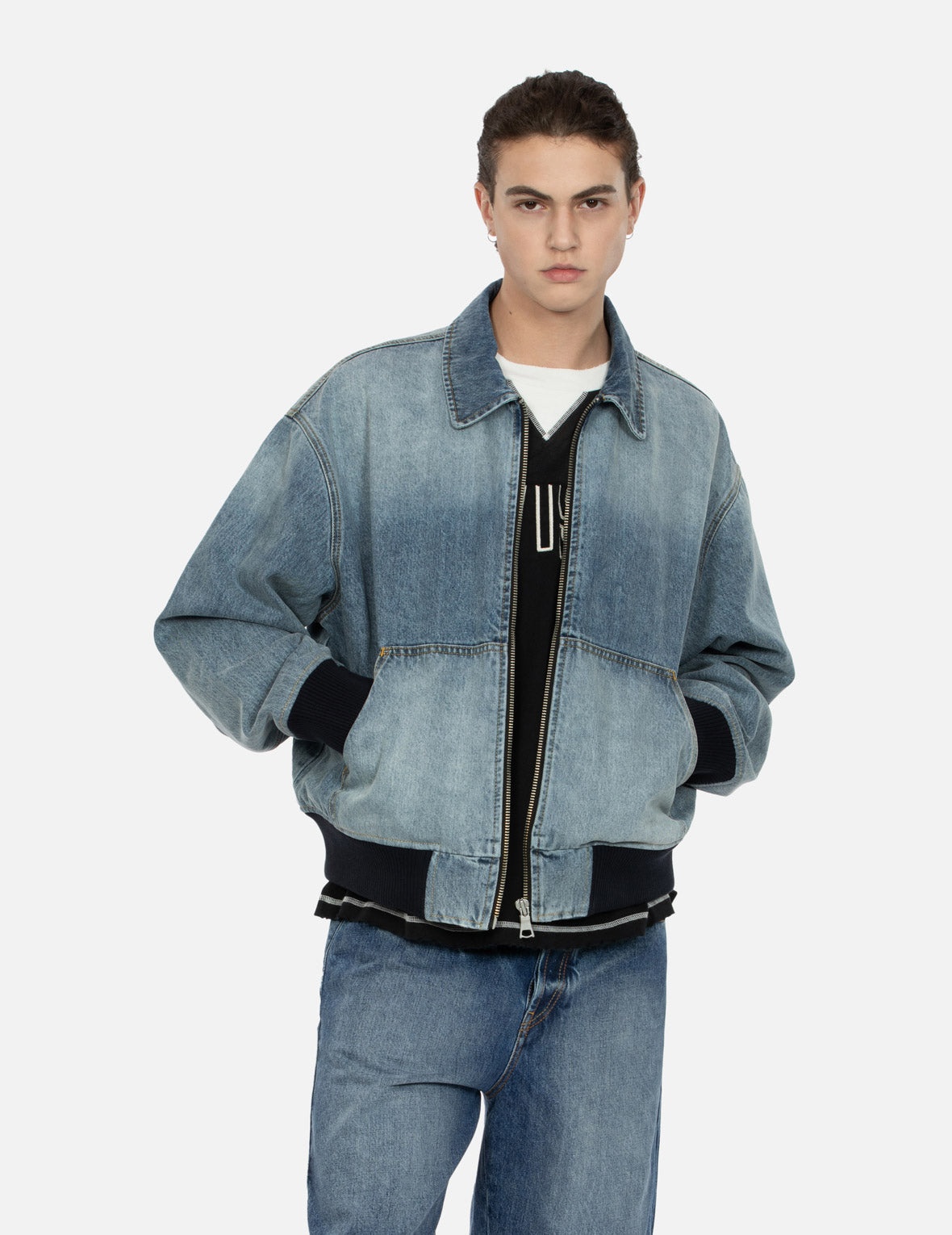 LOGO APPLIQUÉ EMBROIDERY OVERSIZED DENIM BOMBER JACKET - 8