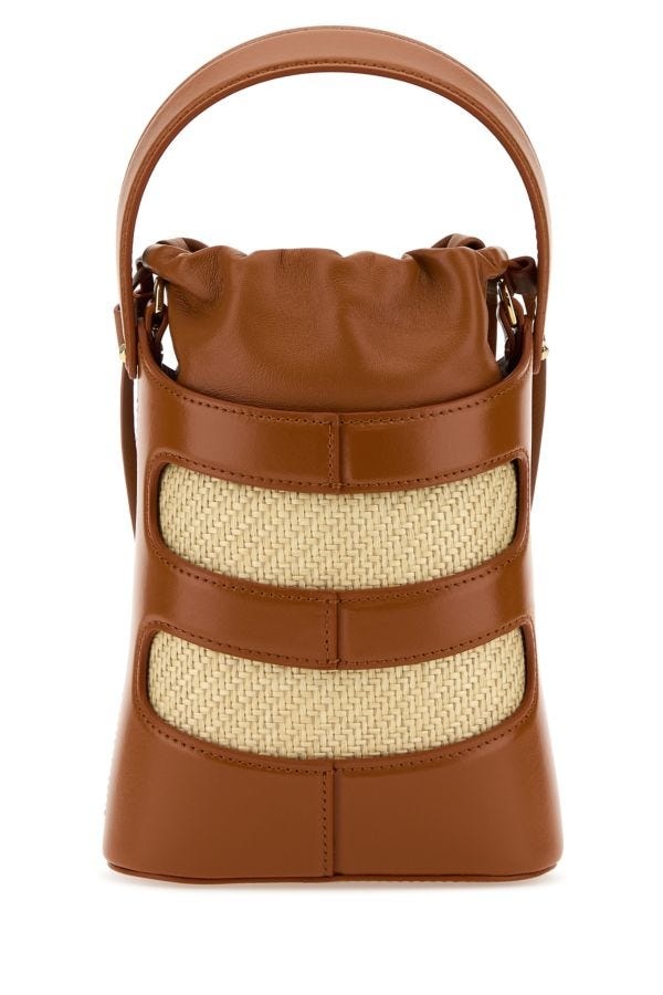 Two-tone leather and raffia mini The Rise bucket bag - 3