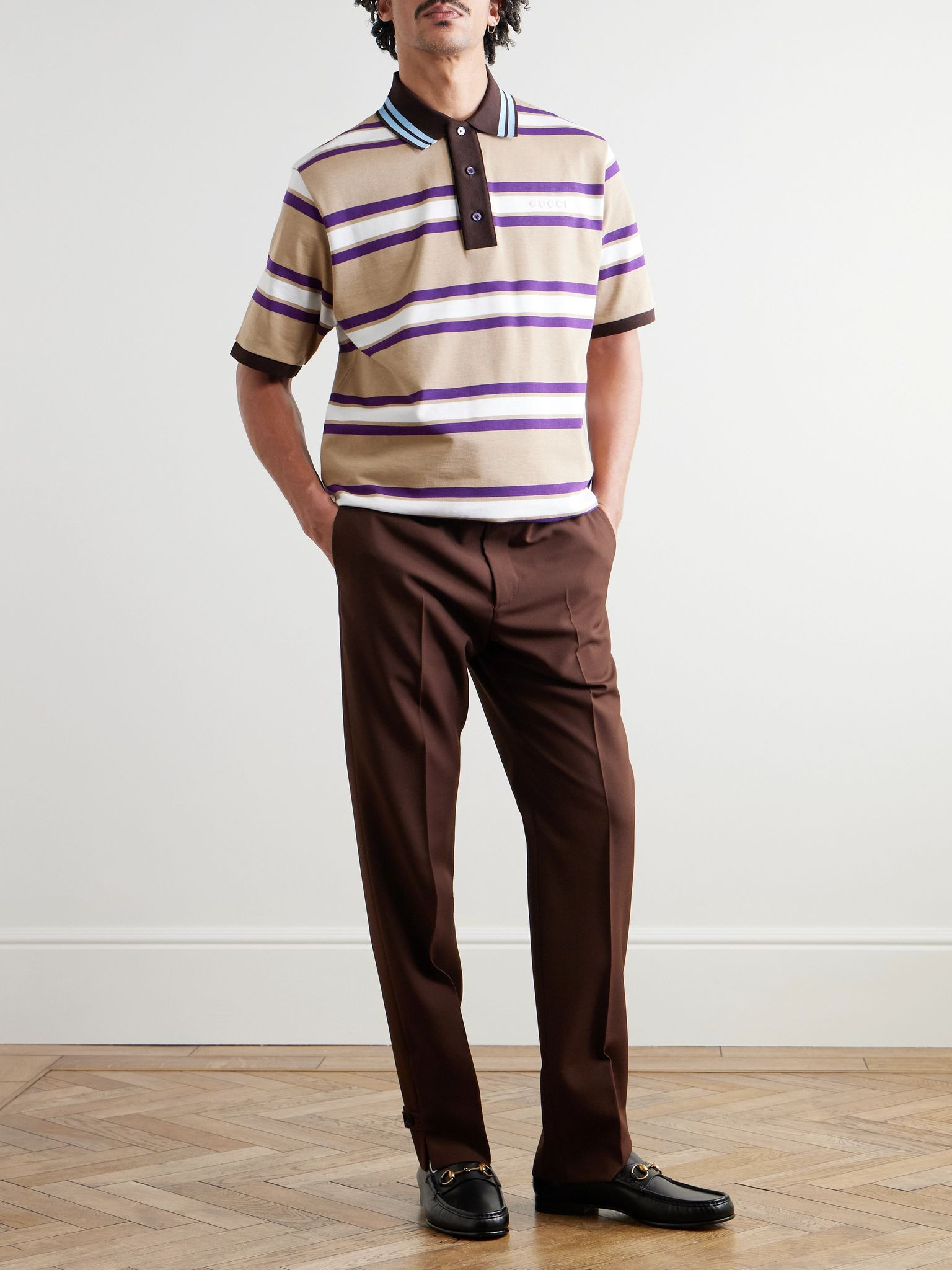 Logo-Embroidered Striped Cotton-Jersey Polo Shirt Beige - 2