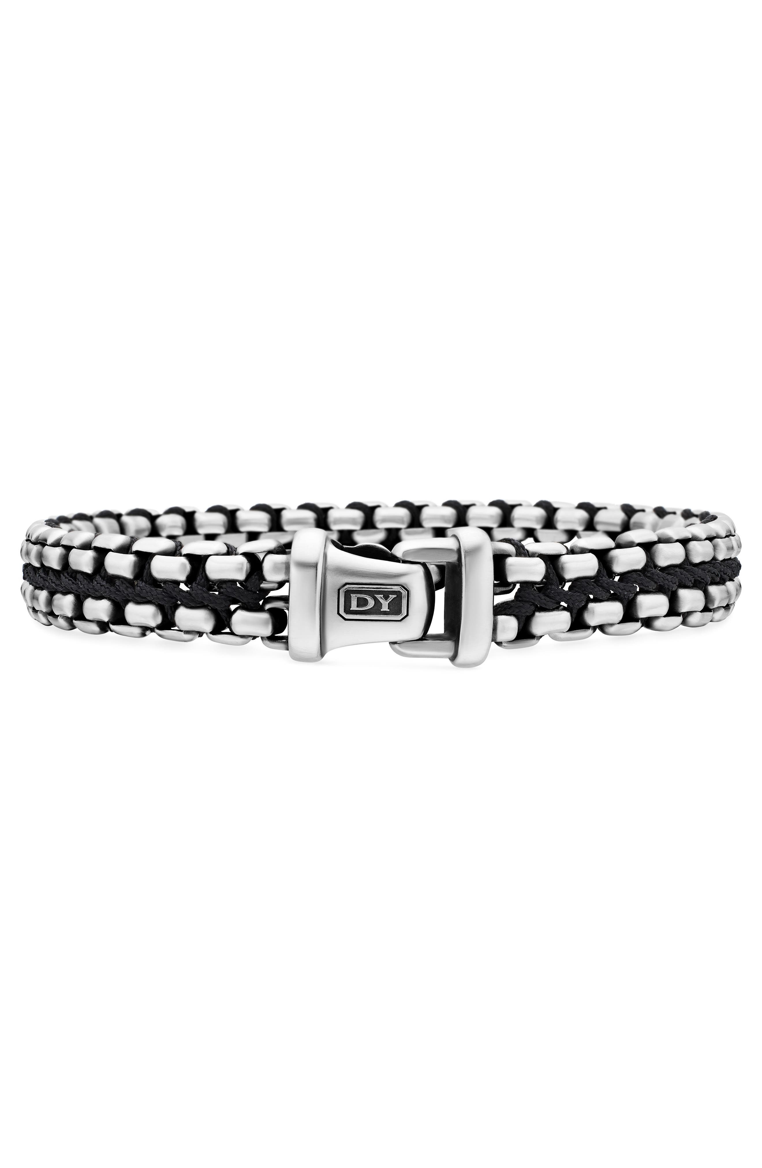 David Yurman Men's Woven Sterling Silver Box Chain Bracelet, 12mm in Silver/Black at Nordstrom - 6
