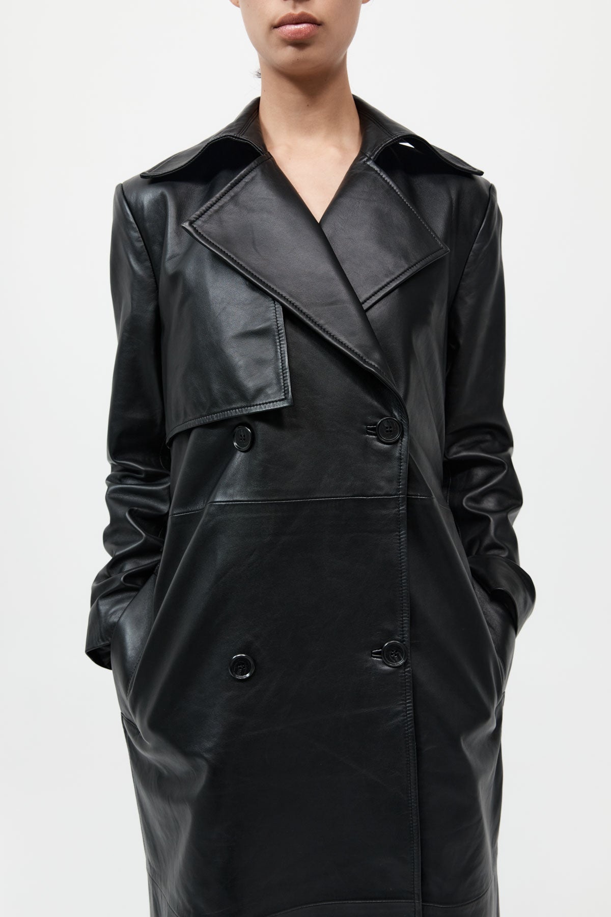 Leather Trench Coat - Black - 3