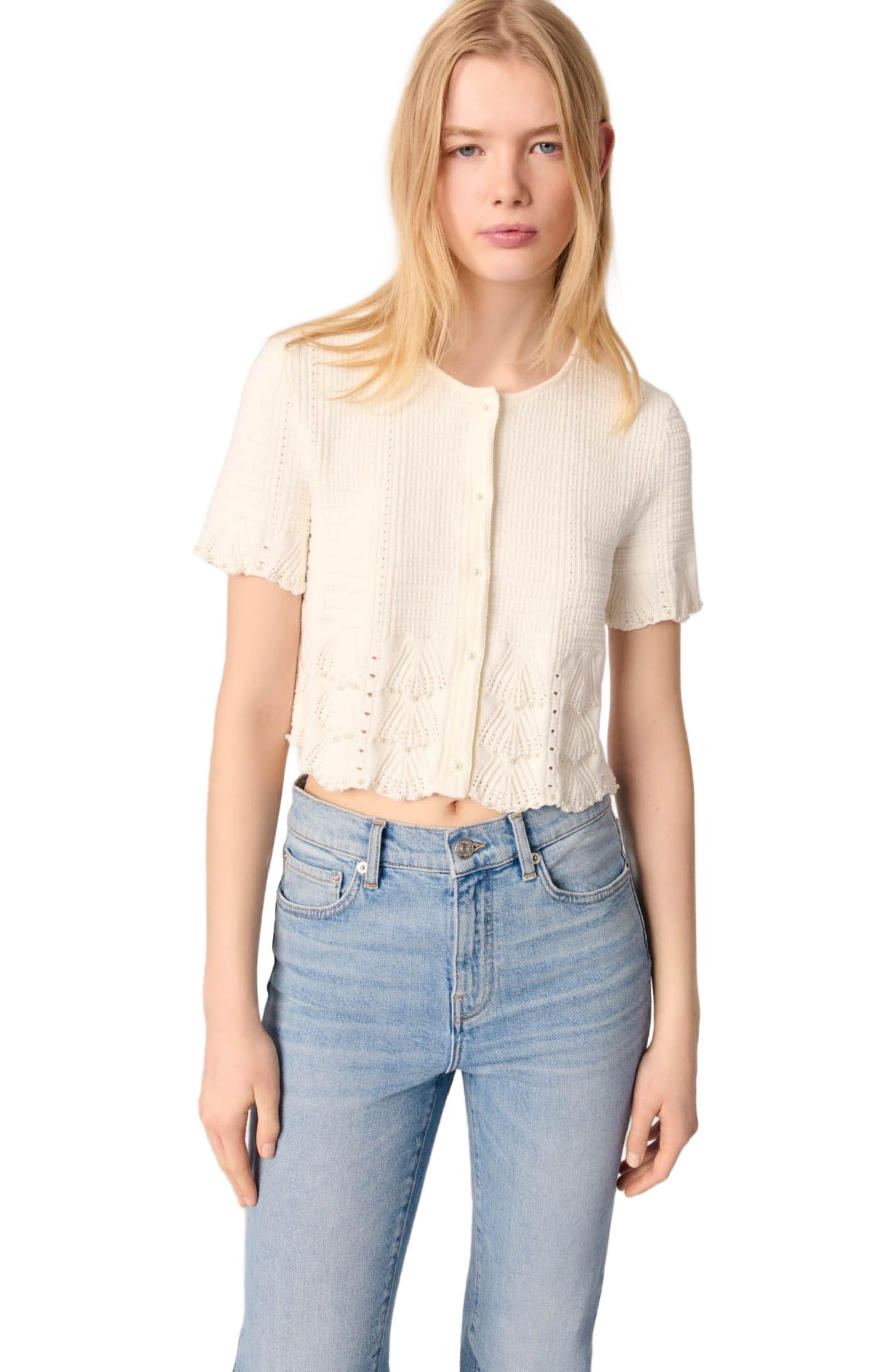 maje Beaded pointelle knit cardigan in White at Nordstrom - 5