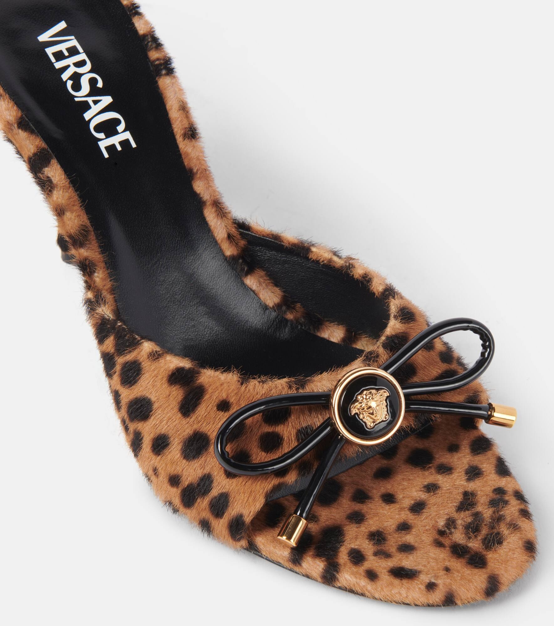 Leopard Opera Bow 95 shearling mules - 5