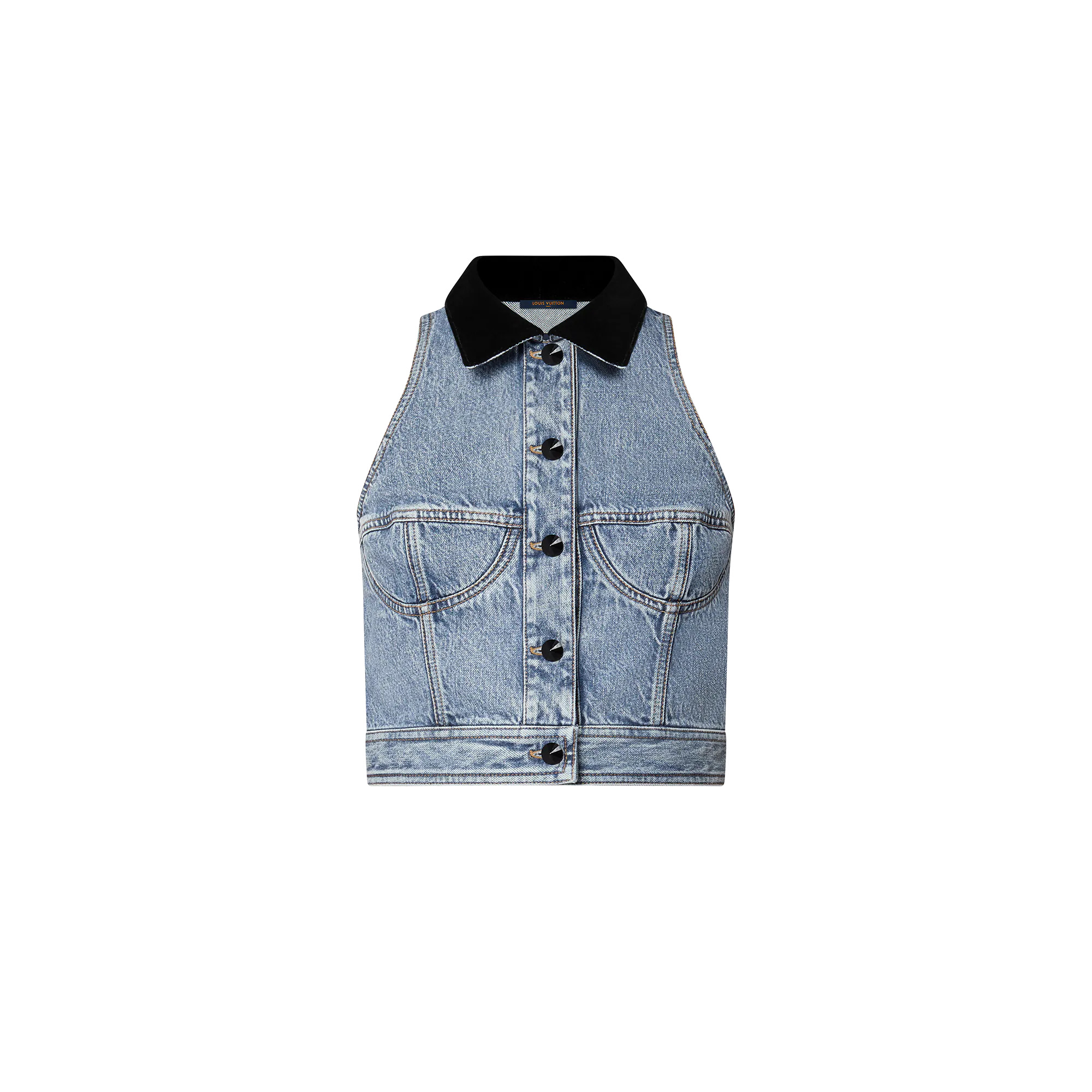 Sleeveless Velvet Accent Denim Jacket - 1