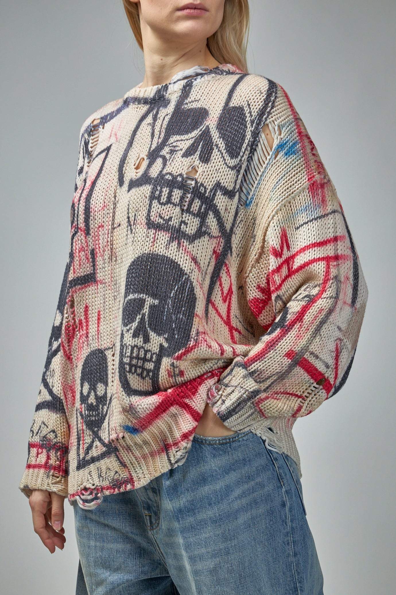 Printed Oversized Sweater Skull Graffiti Print - 4