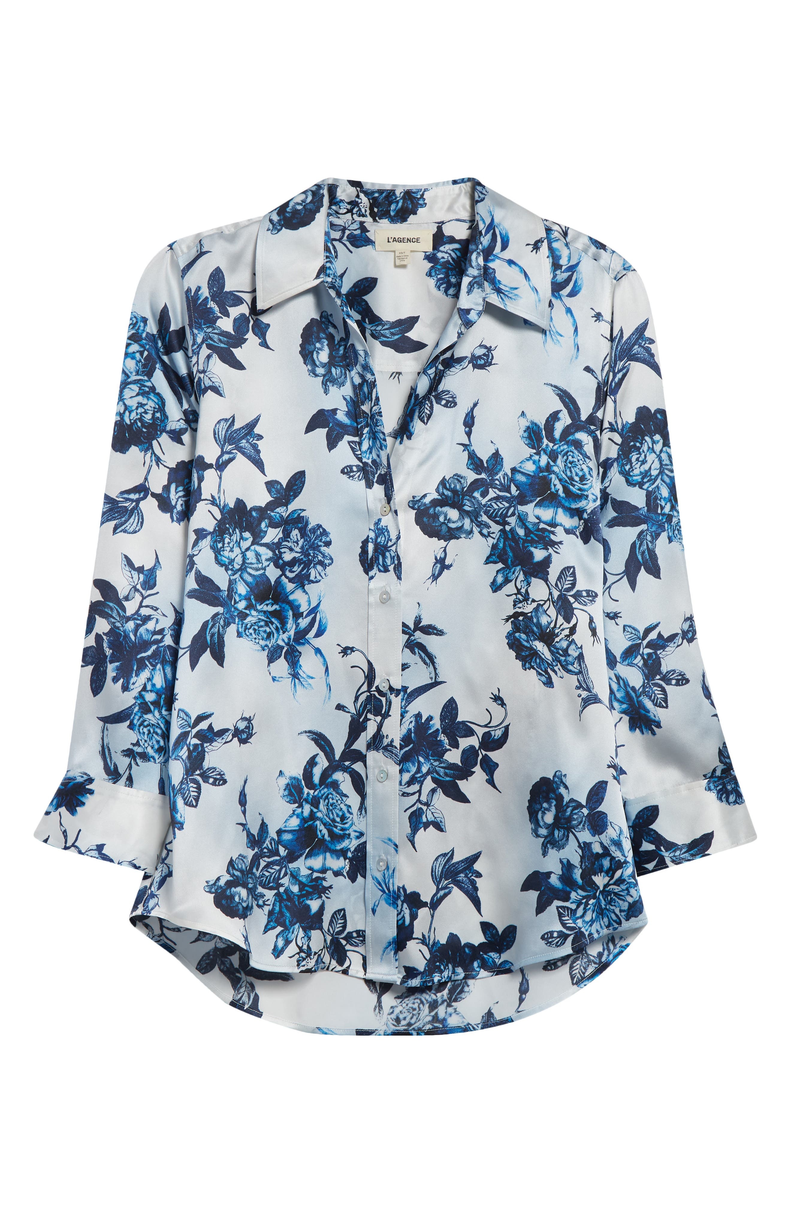 L'AGENCE Dani Floral Silk Button-Up Shirt in White/Blue Painterly Floral at Nordstrom - 6