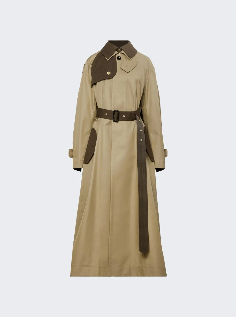 Two-tone Cotton Gabardine Coat Beige And Brown - 1