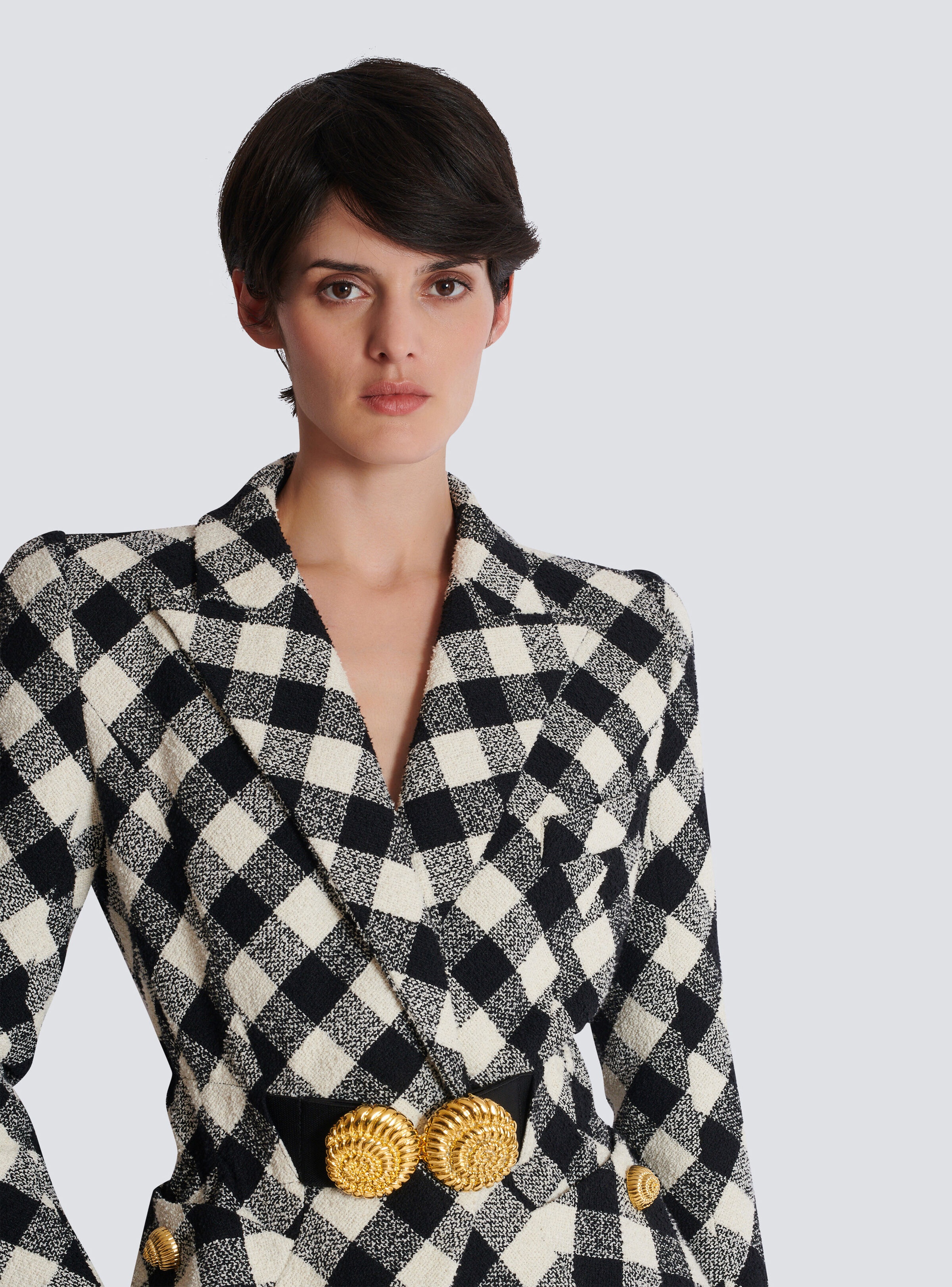 Belted gingham tweed jacket with two Snail buttons - 8
