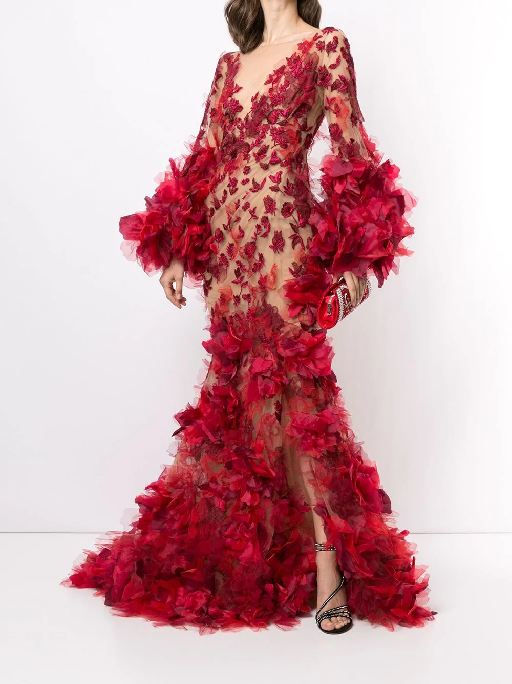 floral appliqué draped gown - 2