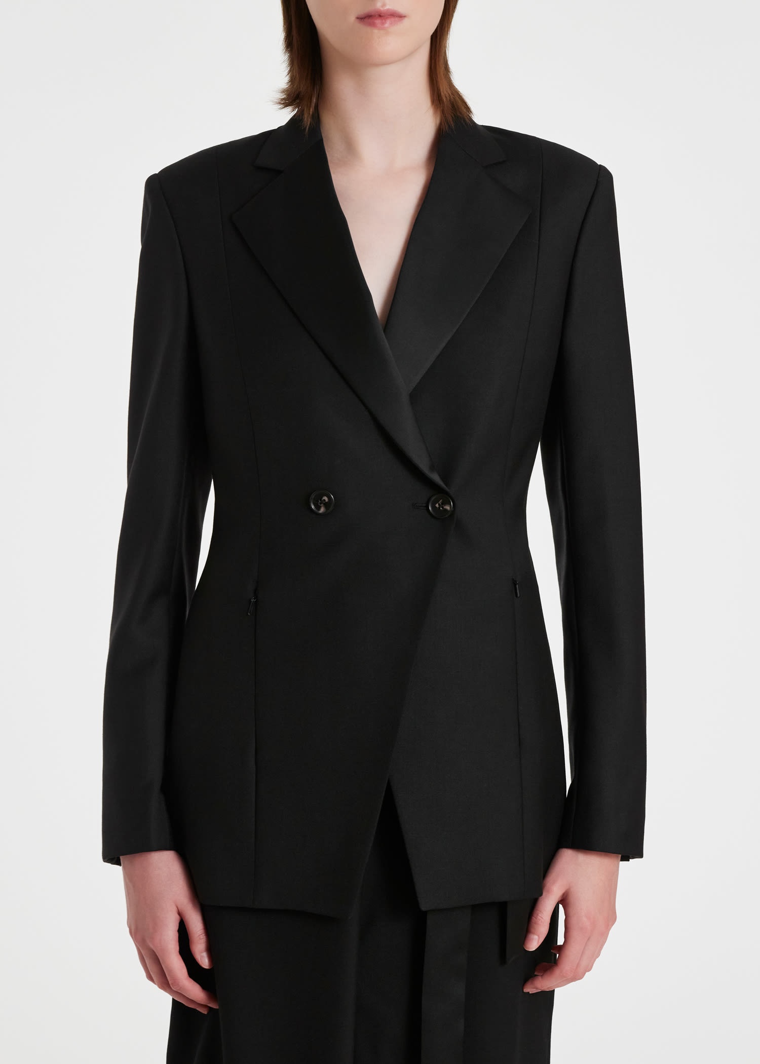 Black Satin Double-Breasted Blazer - 5