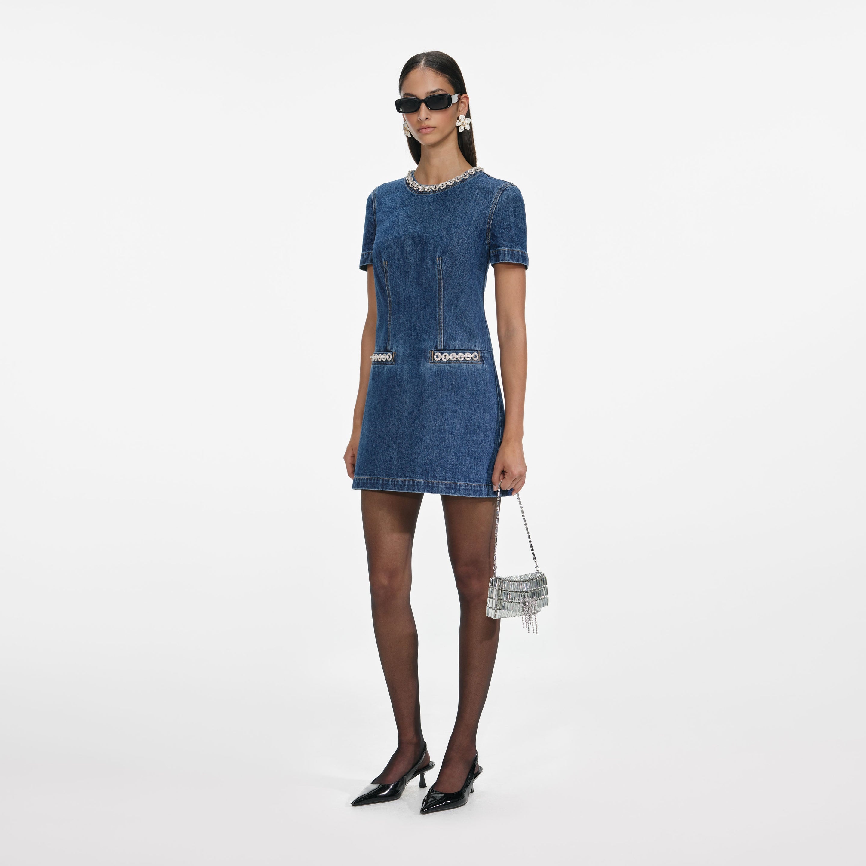 Denim Crystal Trim Mini Dress - 2