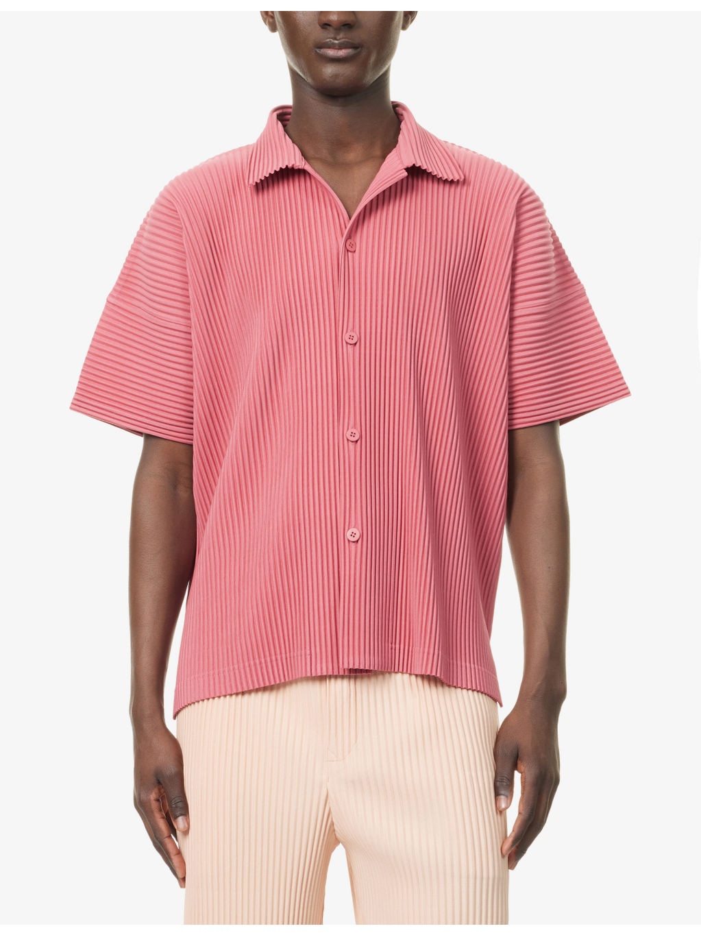 Pleated Spread-Collar Short-Sleeve Knitted Shirt - 3