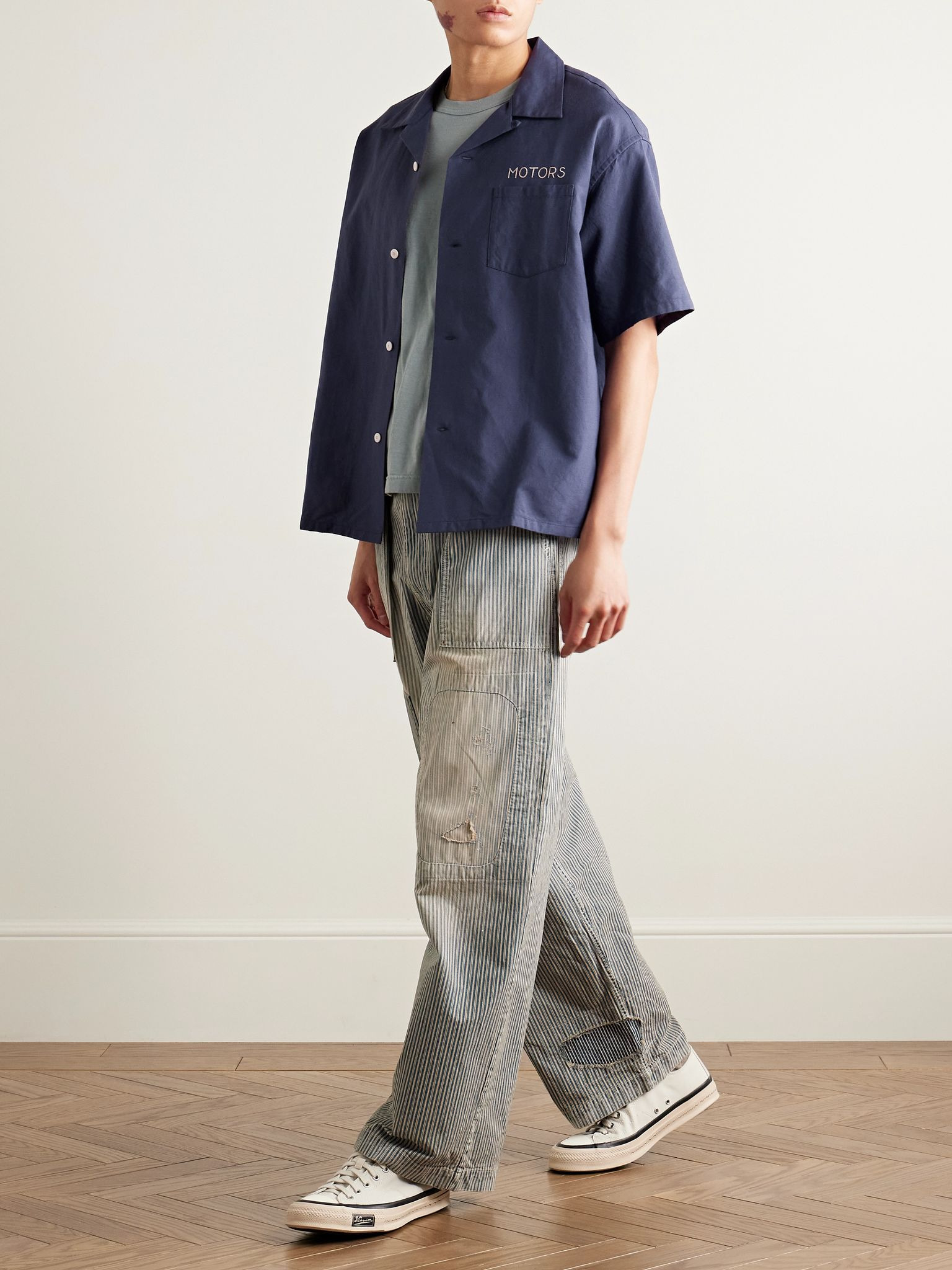 Crosby Convertible-Collar Embroidered Wool and Linen-Blend Shirt Navy - 2