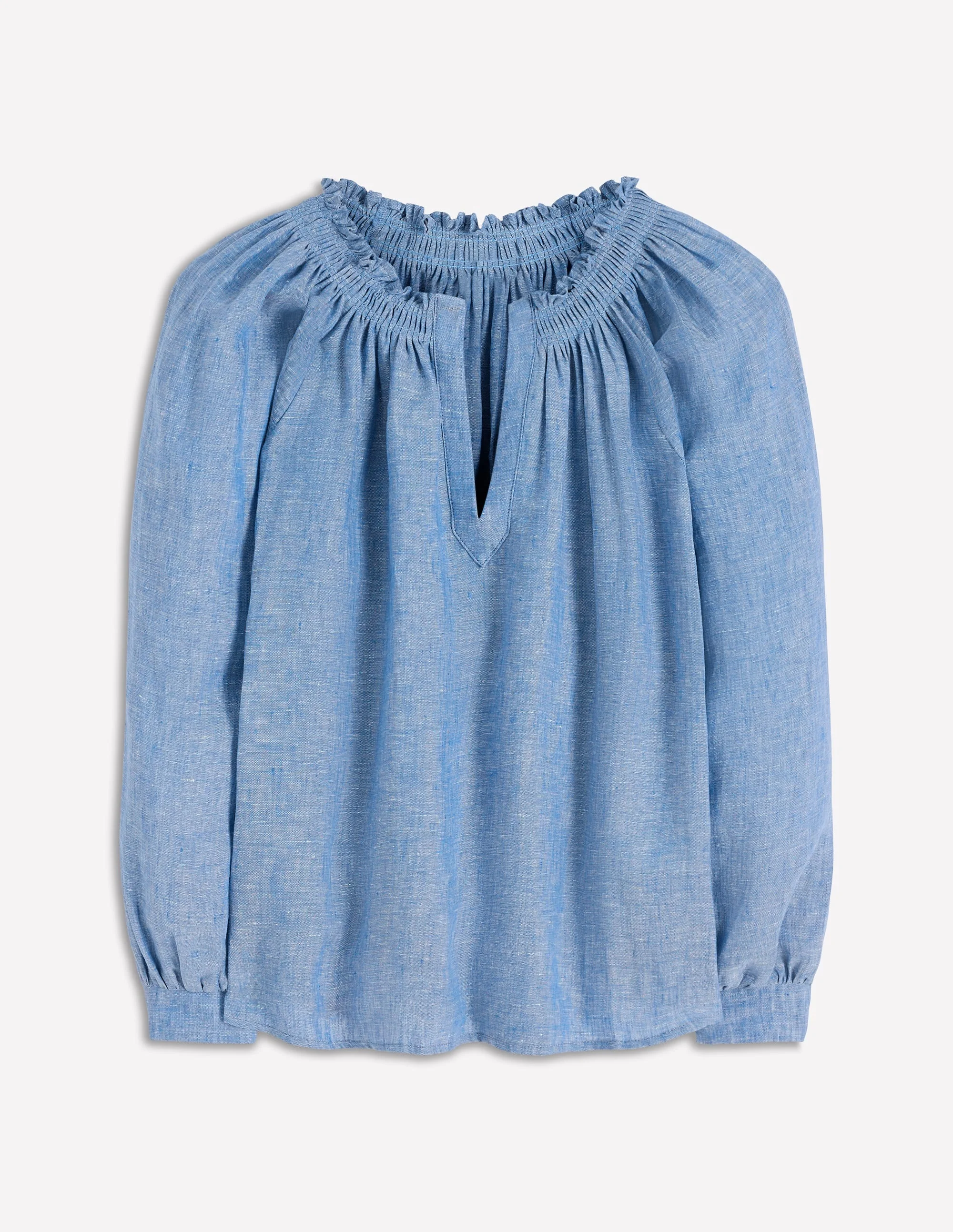 Serena Pleat Neck Linen Top-Chambray - 1