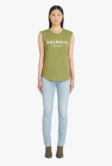 Khaki eco-designed cotton T-shirt with white Balmain logo print - 4