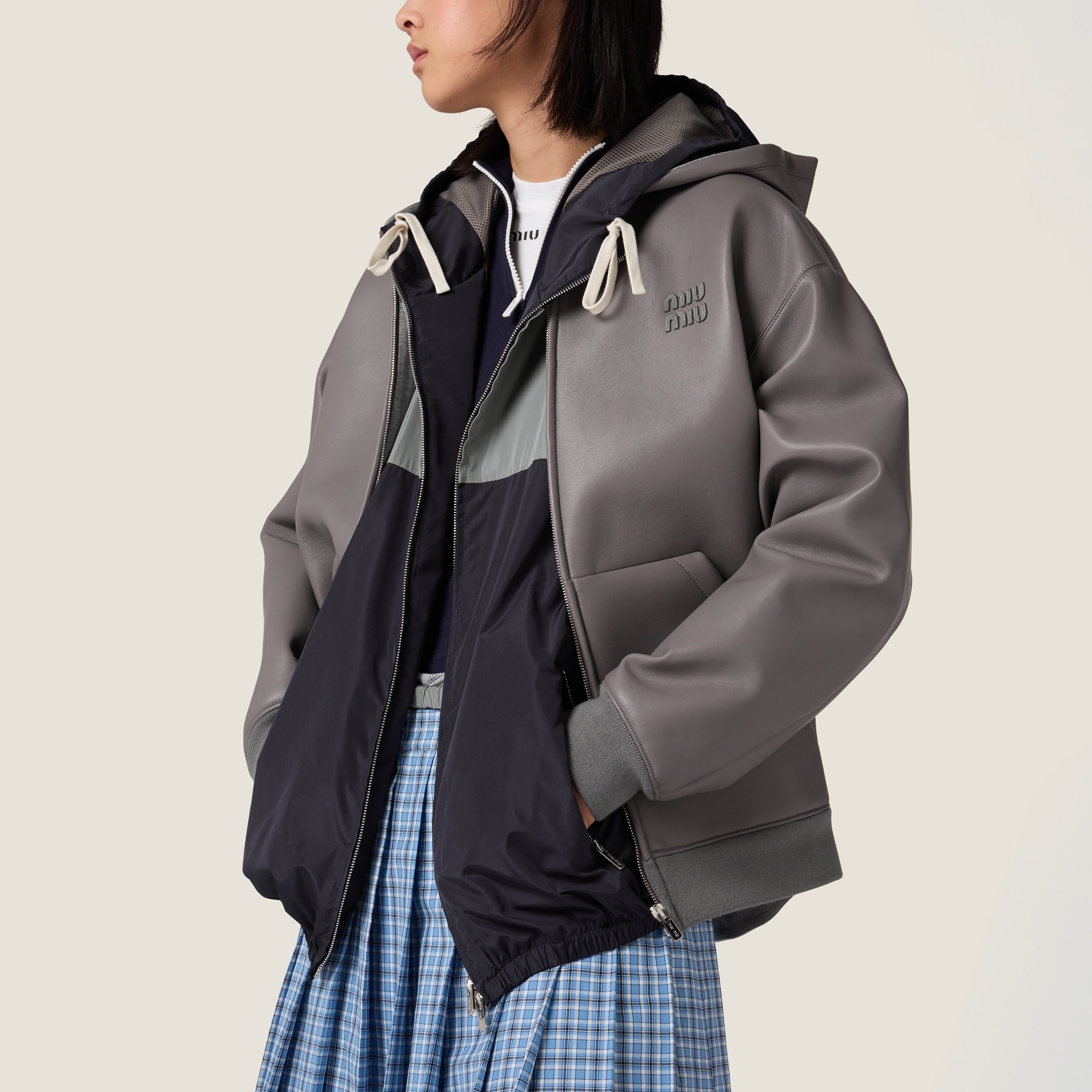 Nappa leather and bonded jersey hoodie jacket - 4
