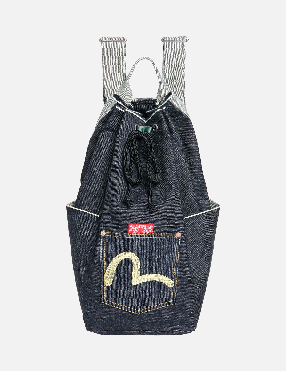 SEAGULL EMBROIDERED POCKET DRAWSTRING DENIM BACKPACK - 1