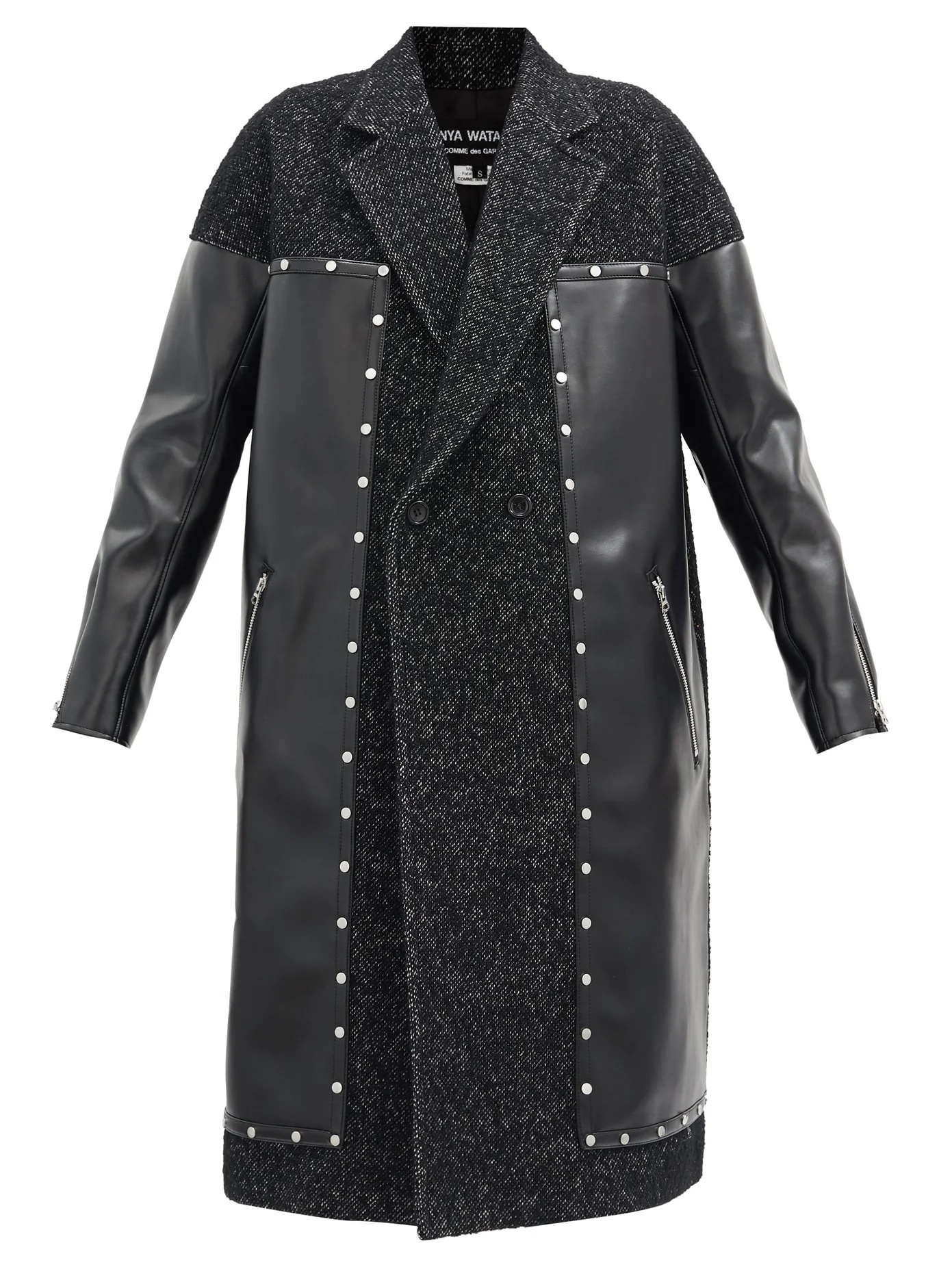 Studded tweed and faux-leather coat - 1