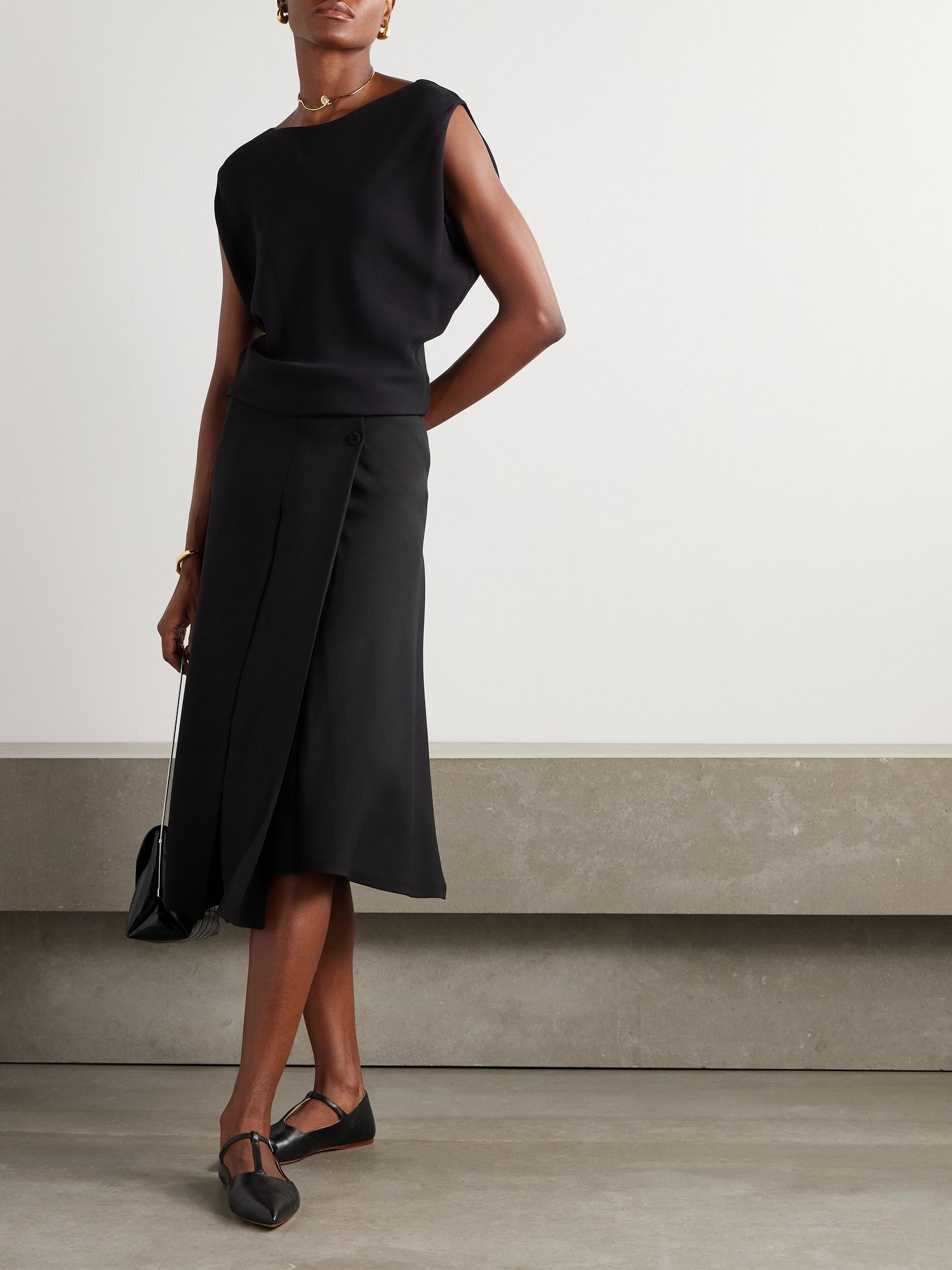 Alida bead-embellished pleated silk crepe de chine midi wrap skirt Black - 2