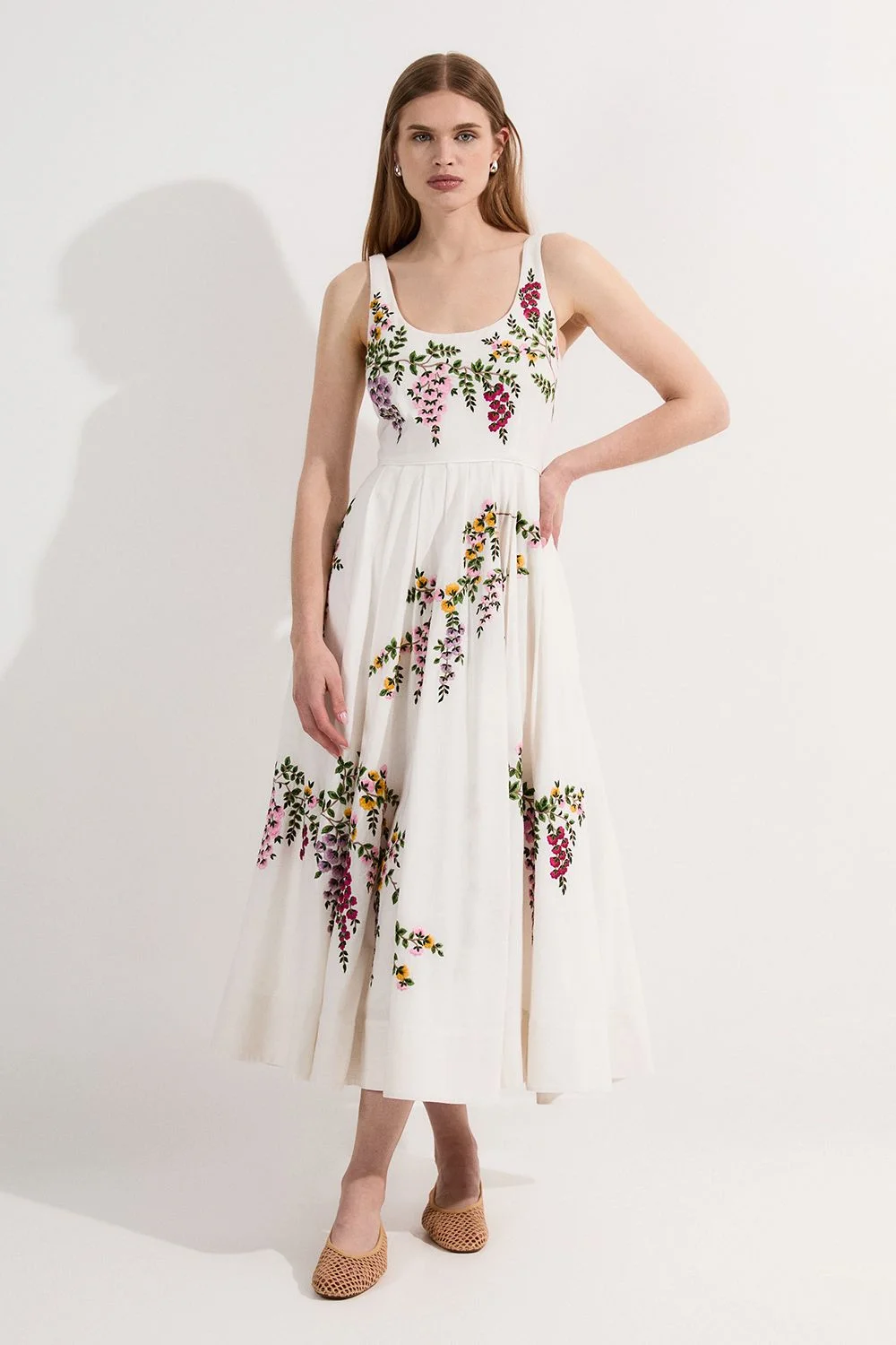 Petite Floral Embroidered Cotton Linen Woven Prom Dress - 1