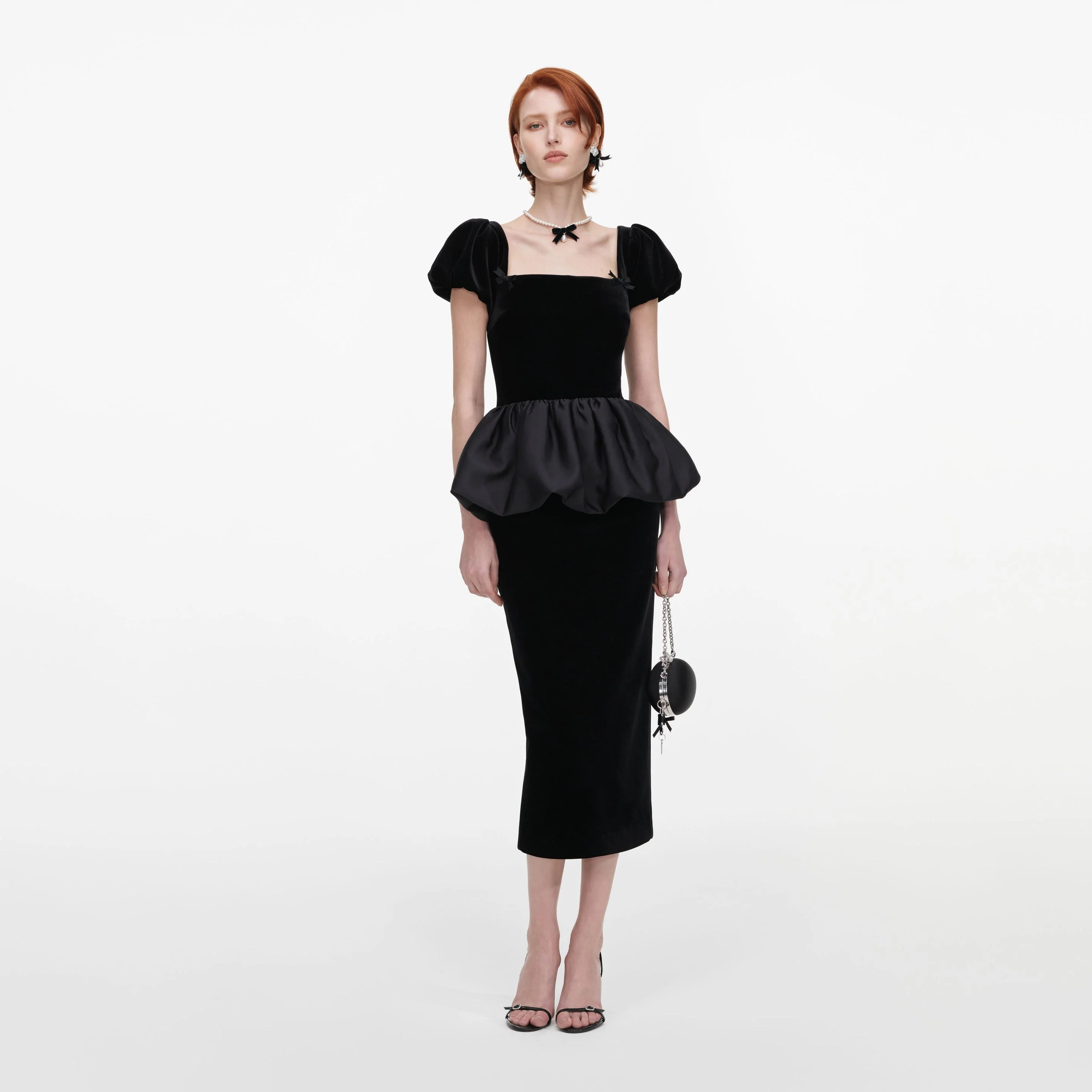 Black Velvet Bubble Peplum Midi Dress - 1