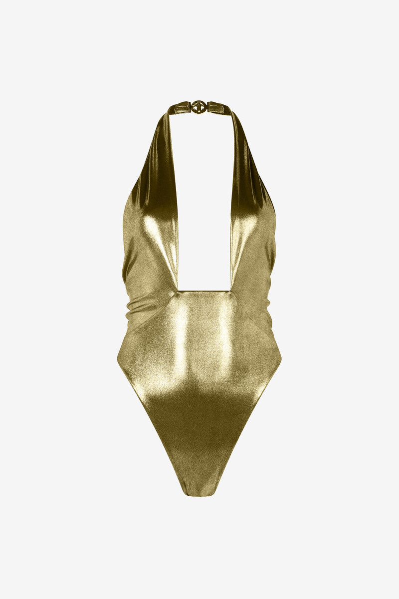 Gold One-Piece Swimsuit with Geometric Neckline 1