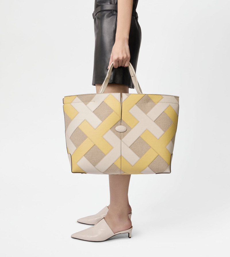 Tod's TOD'S DI BAG FOLIO IN LEATHER AND CANVAS MEDIUM - WHITE, GREY, YELLOW outlook