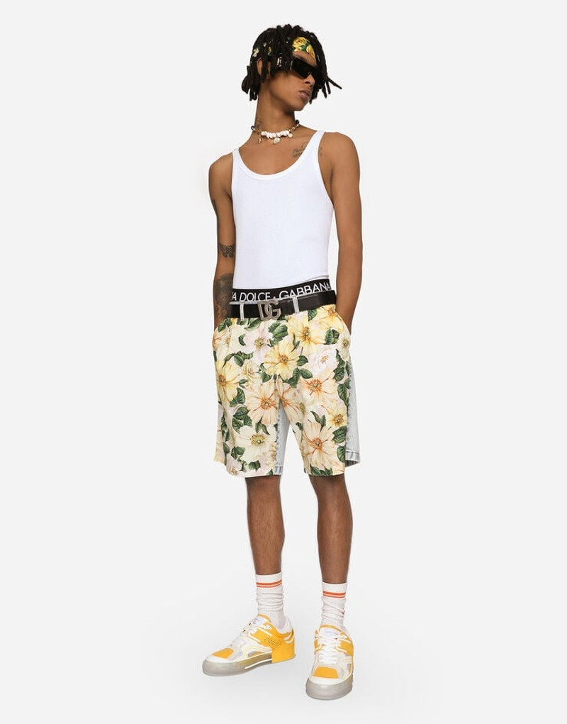 Dolce & Gabbana Light blue denim and camellia-print cotton shorts outlook