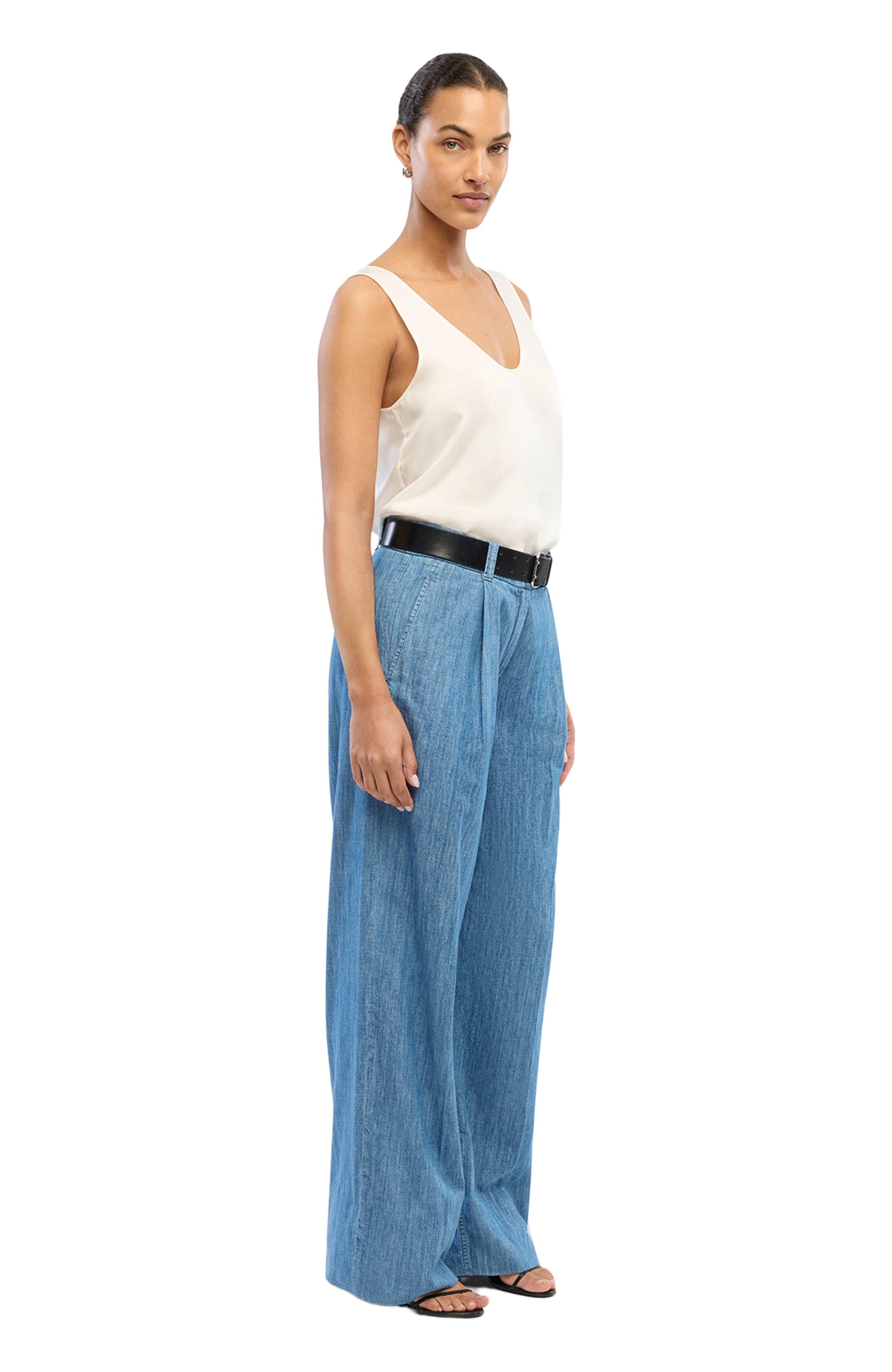 Another Tomorrow Chambray Relaxed Wide Leg Pant in Medium Blue at Nordstrom - 3