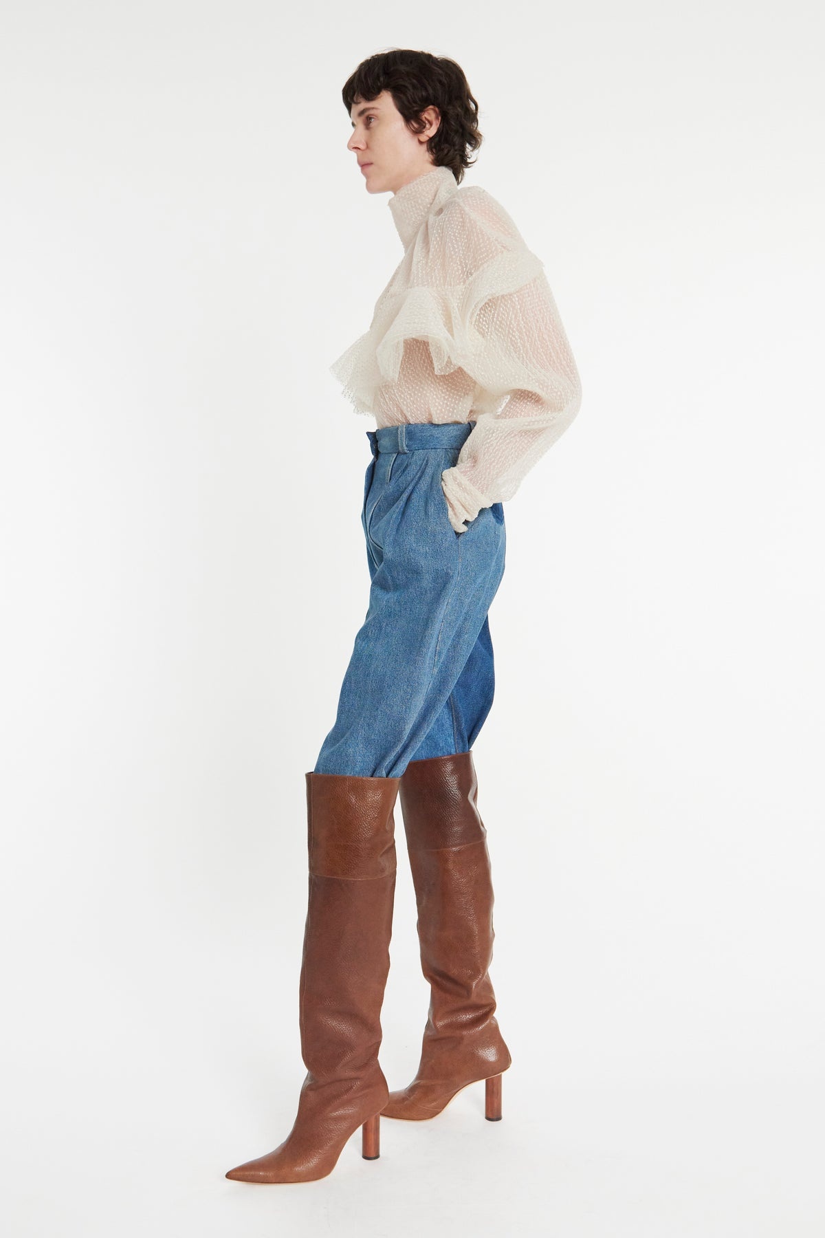 DOUBLE LAYERED TULLE TOP WITH CHEST FRILL DETAIL IVORY - 8