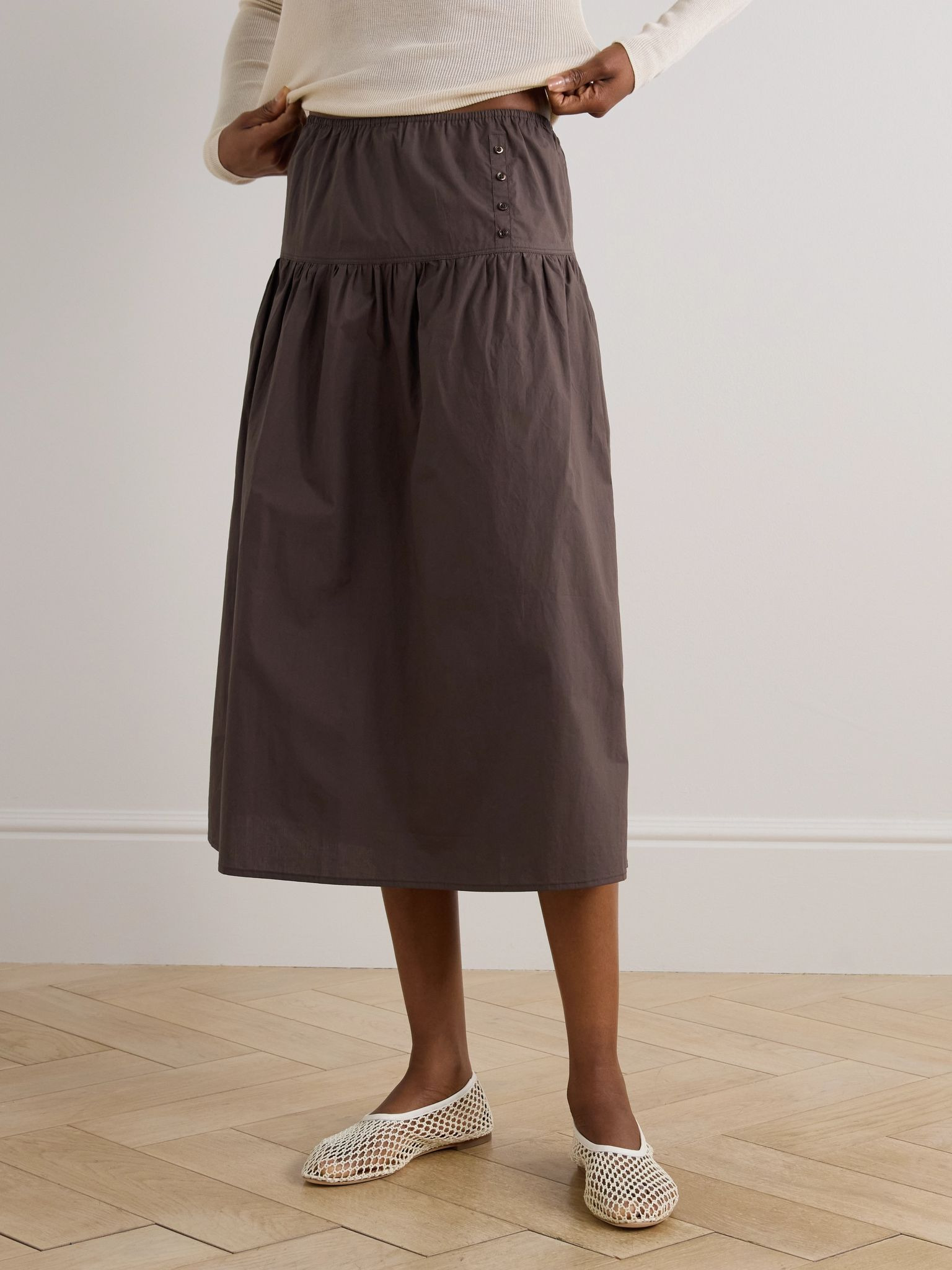 Gathered organic cotton-poplin midi skirt Brown - 3