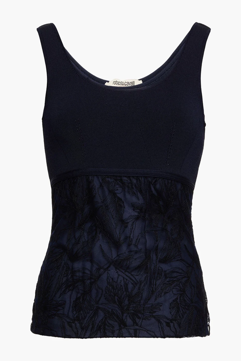 Embroidered tulle-paneled ribbed-knit tank - 1