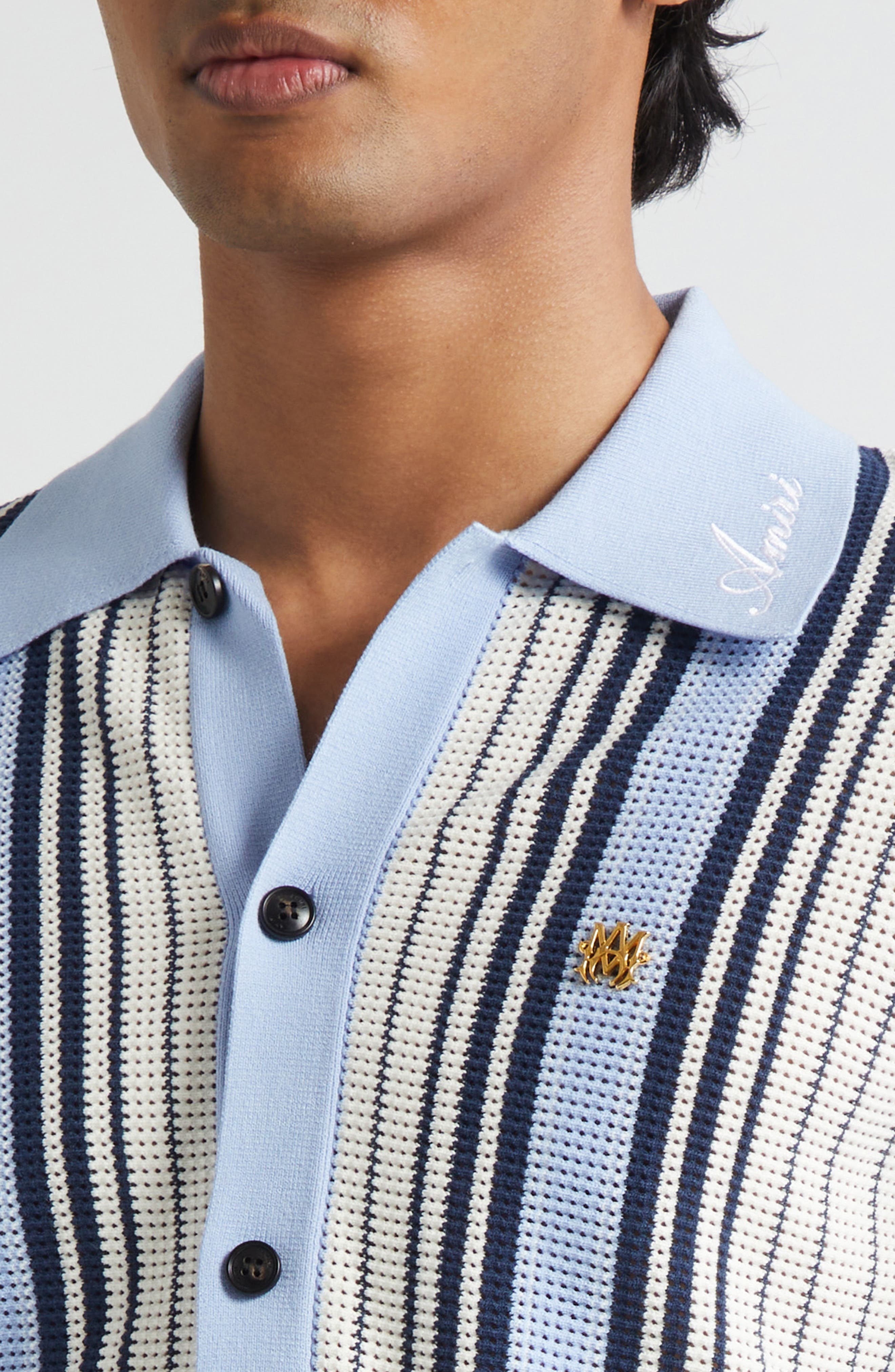 AMIRI Script Logo Embroidered Stripe Short Sleeve Cardigan in Ashley Blue at Nordstrom - 5