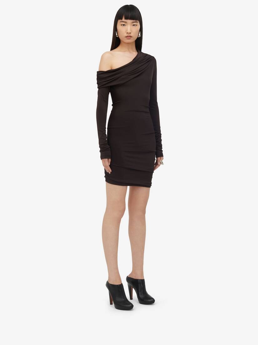 Women's Asymmetric Mini Dress in Ebony - 3