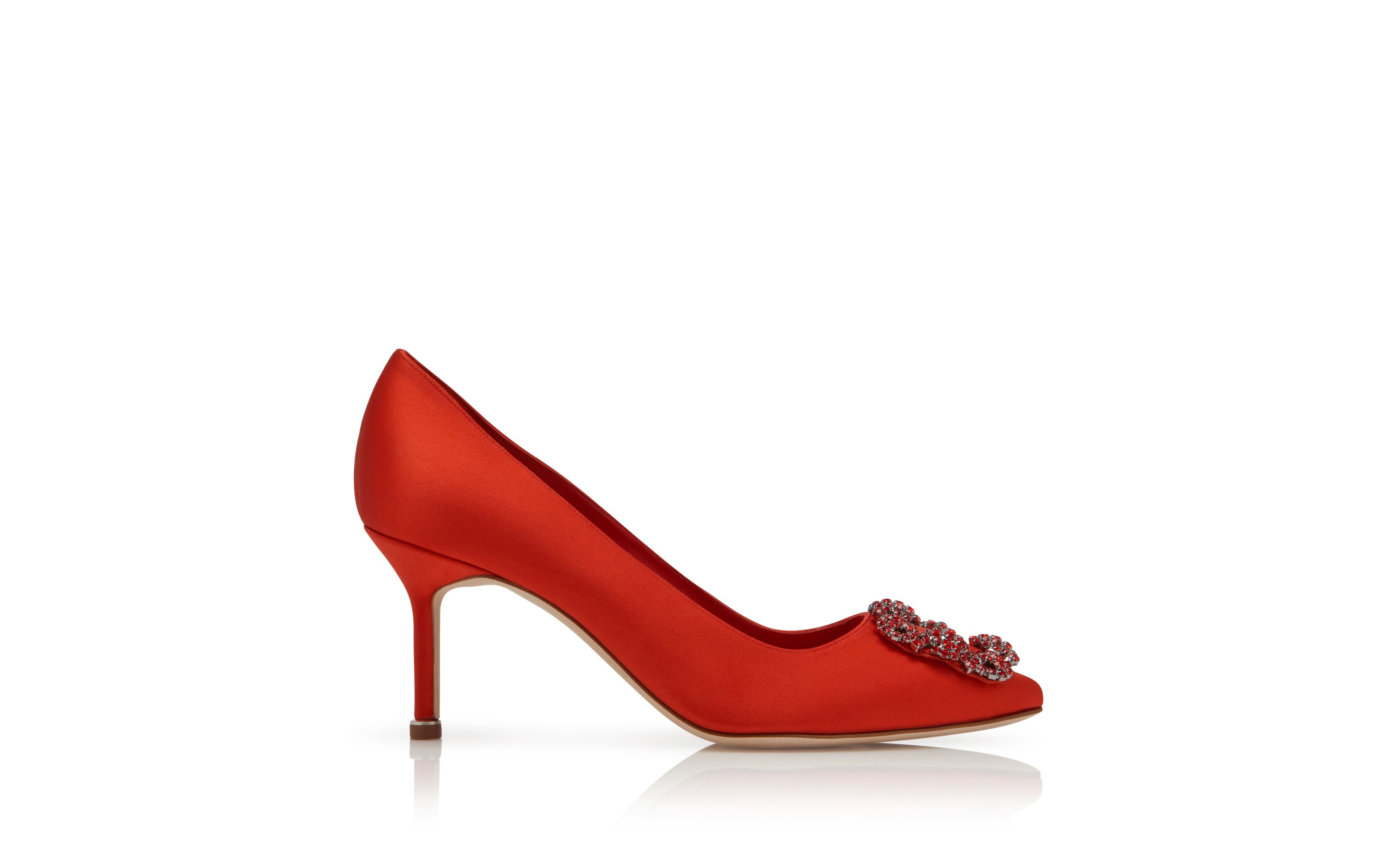 Red Satin Jewel Buckle Pumps - 1