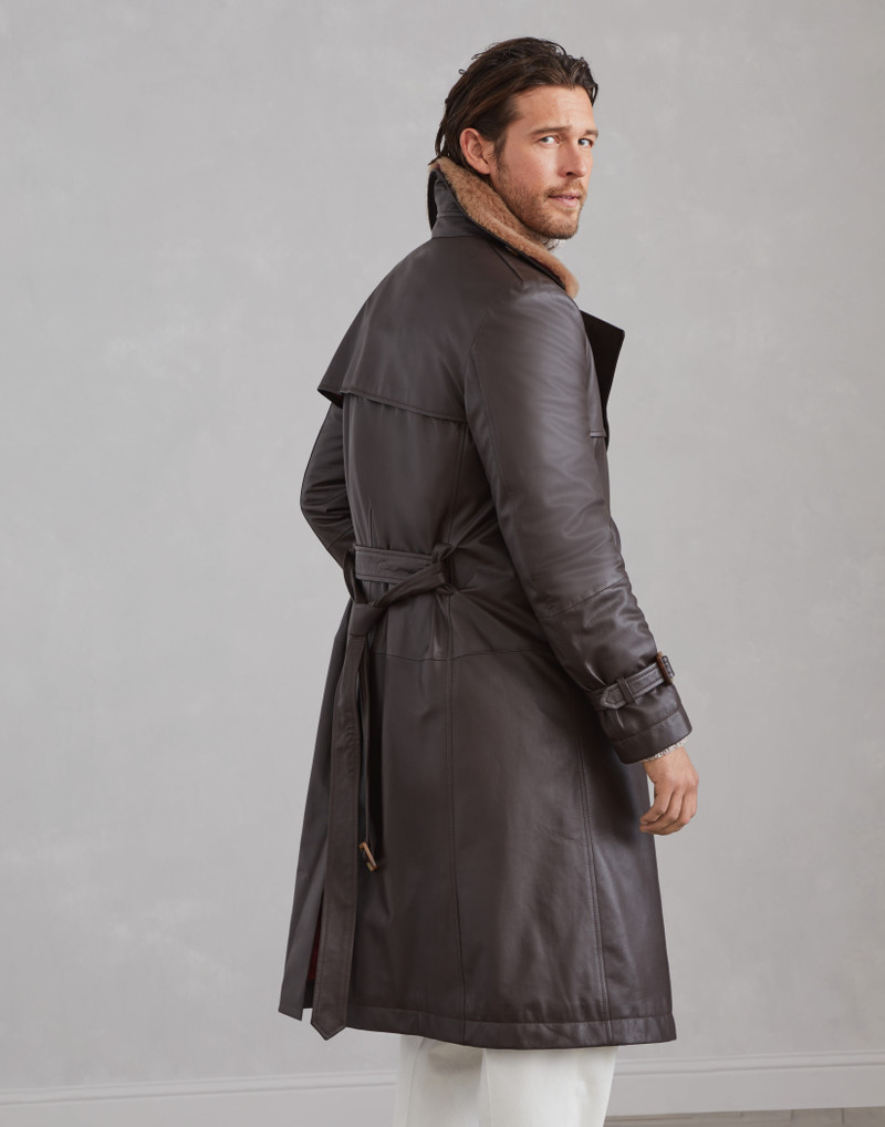 Brunello Cucinelli Polished calfskin trench with Thermore® padding and detachable shearling collar outlook