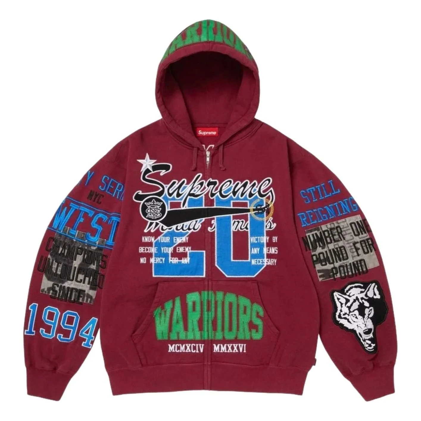 Supreme SS26 Warriors Appliqué Zip Up Hooded Sweatshirt 'Cardinal' SUP-SS26-212-RED - 1