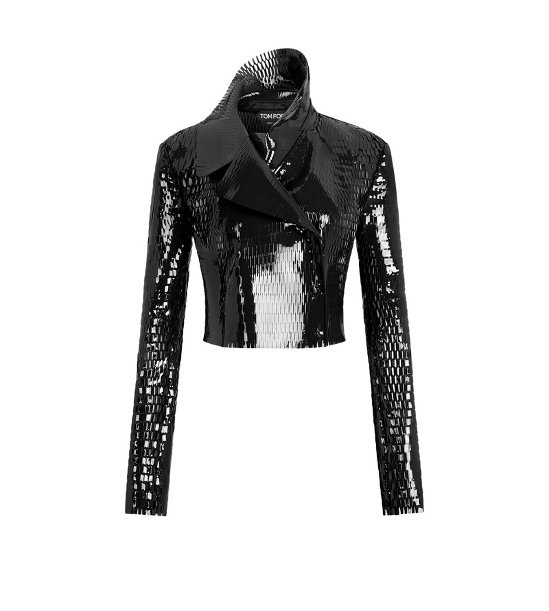 PERFORATED PATENT CALF LEATHER DOUBLE BREASTED JACKET 1