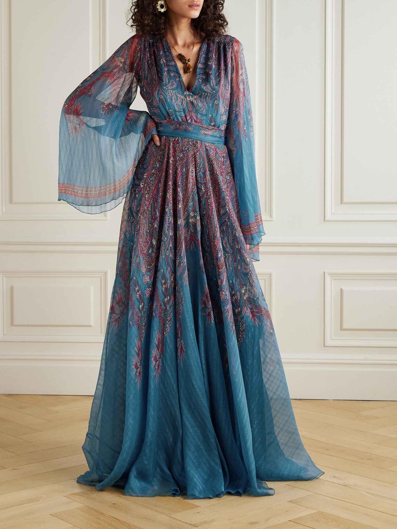Belted paisley-print silk-crepon maxi dress Blue - 2