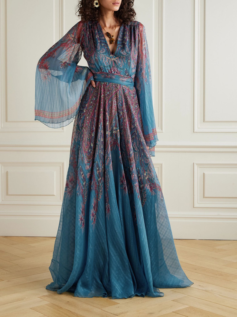 Etro Belted paisley-print silk-crepon maxi dress Blue outlook